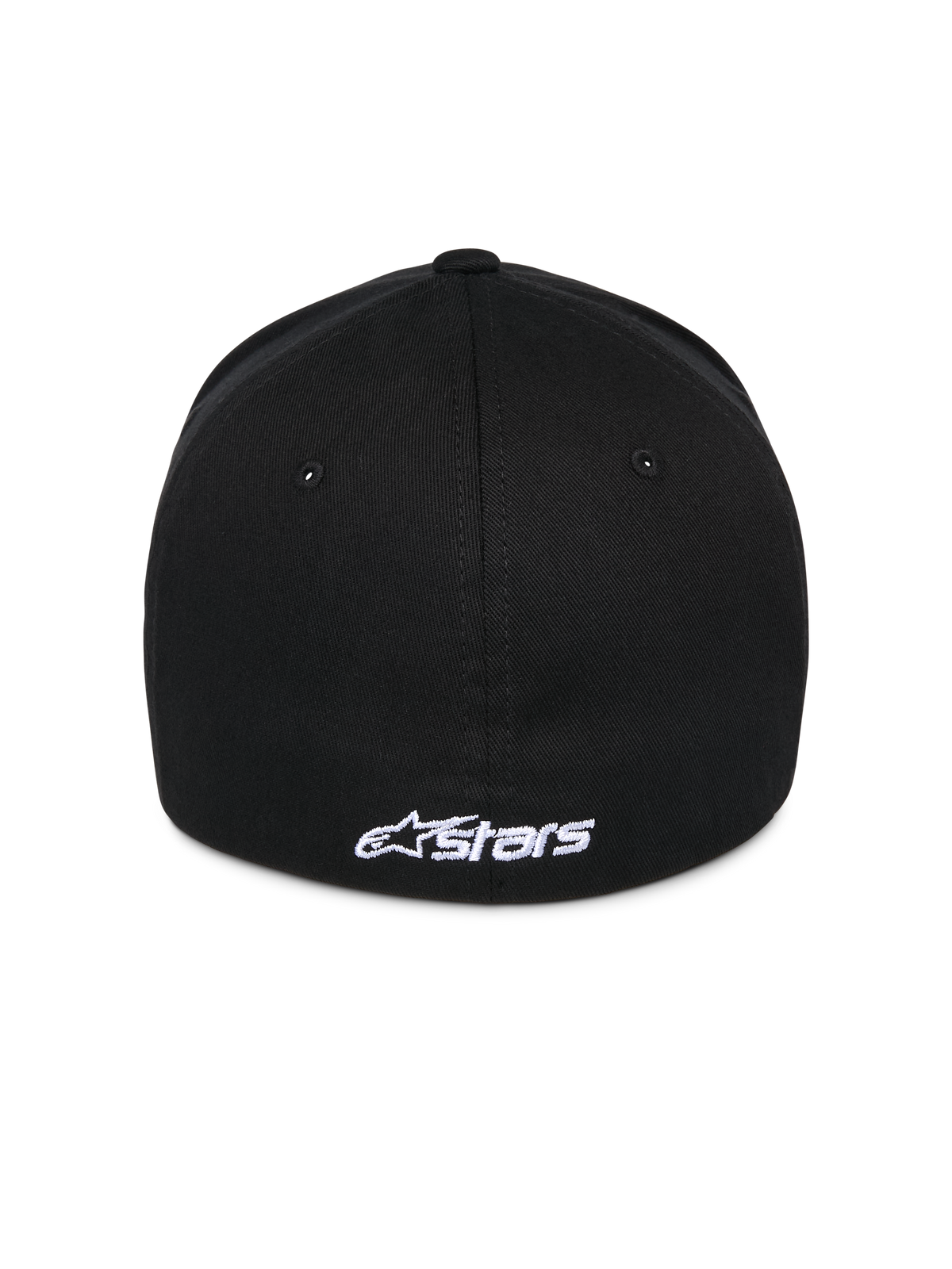 Alpinestars Ageless Multi pet, zwarte baseballcap, achteraanzicht met wit geborduurd Astars-logo, flexibele achterkant, casual sportieve stijl