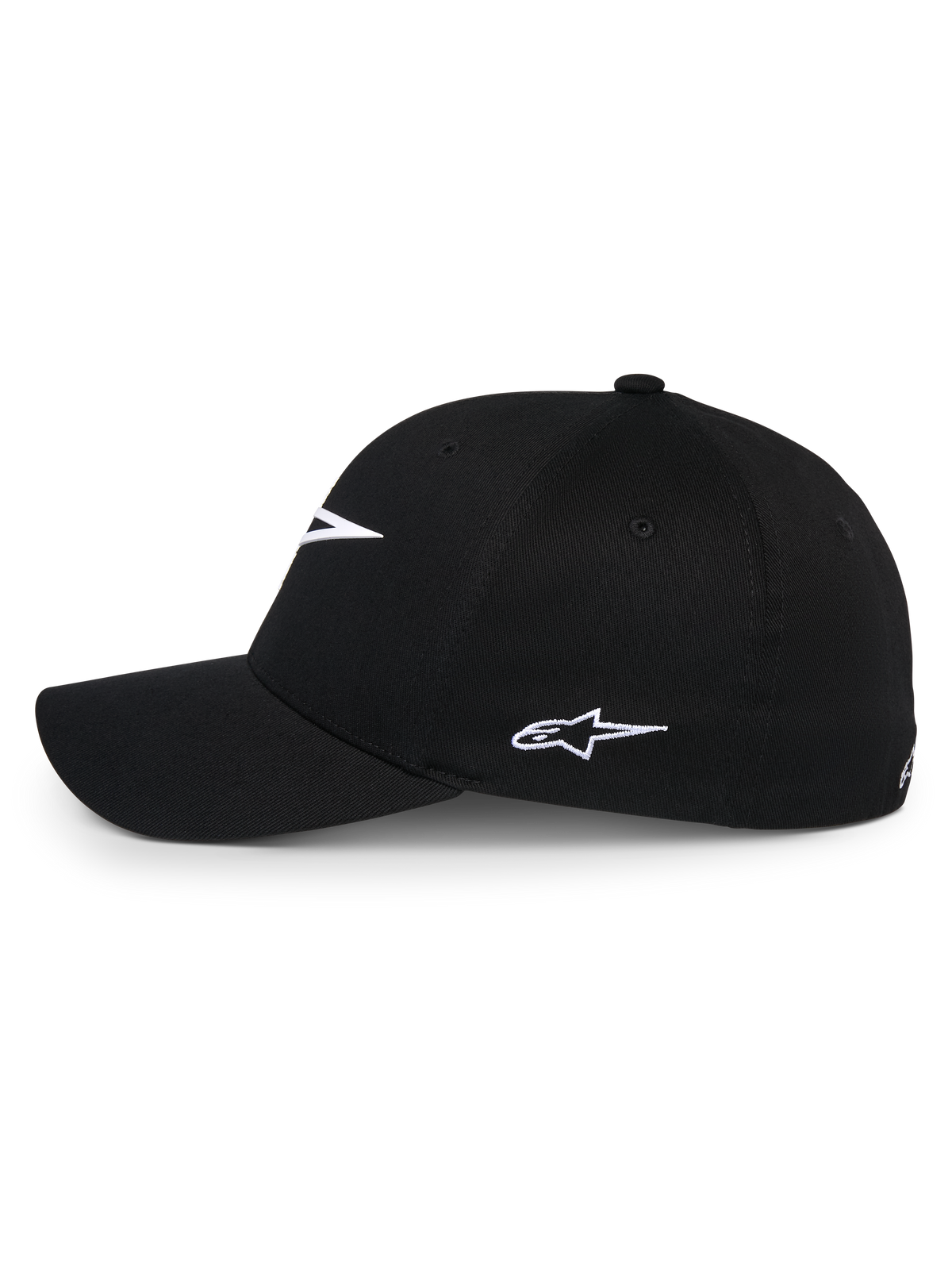 Alpinestars Ageless Multi pet, zwarte baseballcap, zijaanzicht met wit geborduurd Astars-logo, gebogen klep en gestructureerde kroon, casual sportkleding