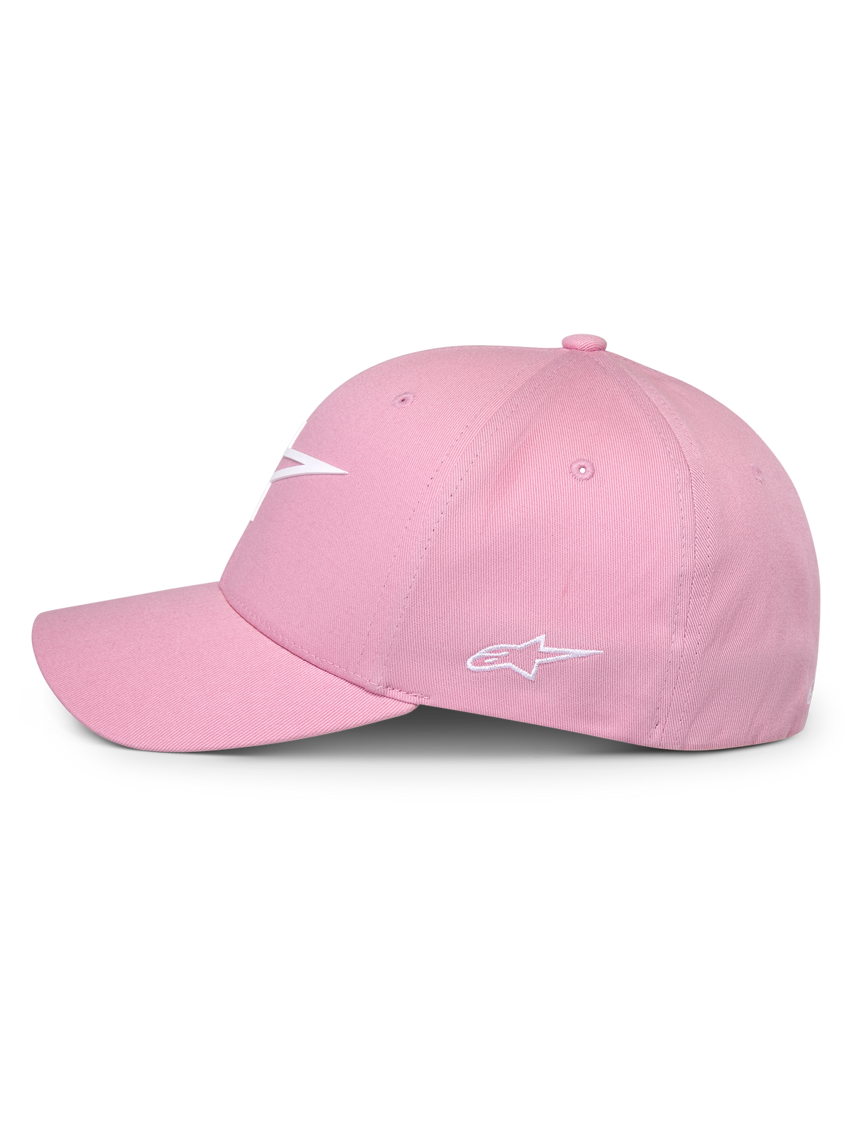 Alpinestars Ageless Multi Mütze, Pink, Seitenansicht, mit weißem 3D-Druck-Logo vorne und gesticktem Logo an der Seite, strukturierte Krone mit gebogenem Schirm, lässige vom Motorsport inspirierte Kopfbedeckung