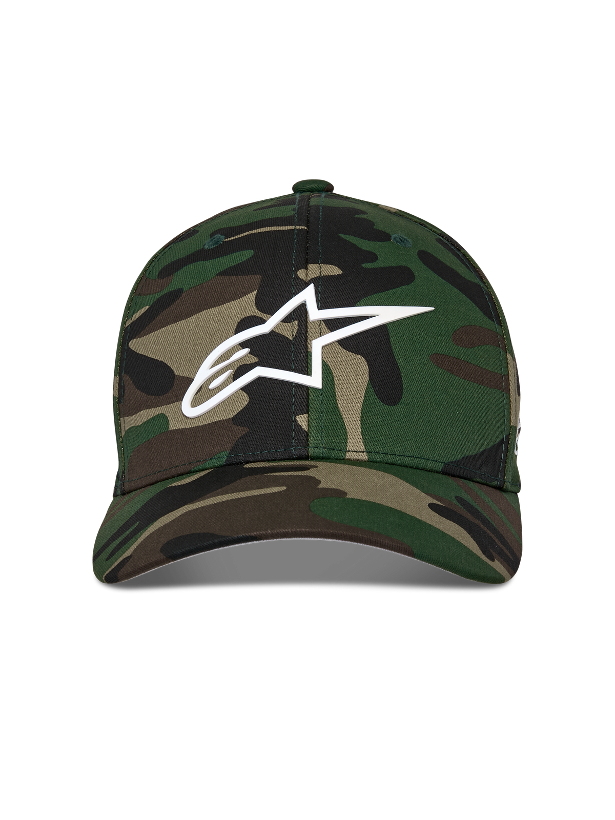 Alpinestars Ageless Multi Mütze, Baseball-Cap, Green Camo, mit einem weißen 3D-gedruckten Astars-Logo auf der Vorderseite, strukturierte Krone mit gebogenem Schirm, lässige vom Motorsport inspirierte Kopfbedeckung