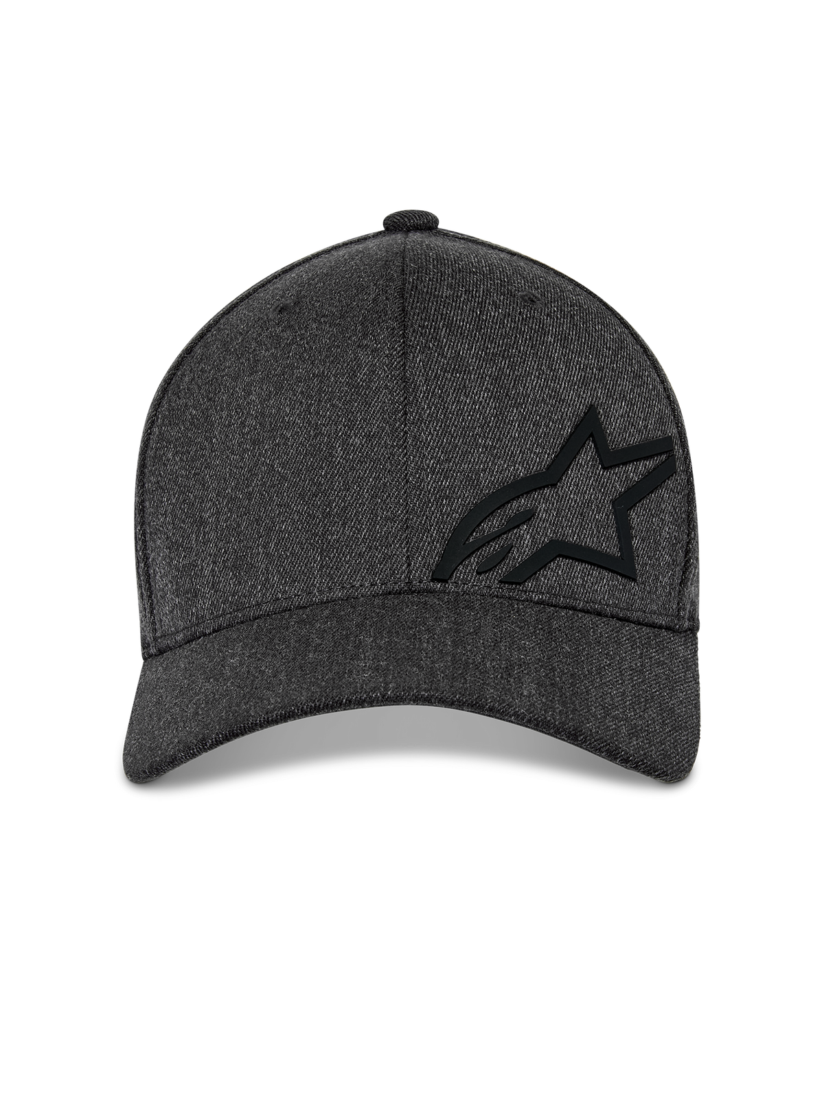 Casquette Alpinestars Corp Shift Multi, casquette de baseball, gris foncé chiné, vue de face présentant une couronne structurée avec un logo Astars noir en 3D et une visière courbée, style streetwear décontracté