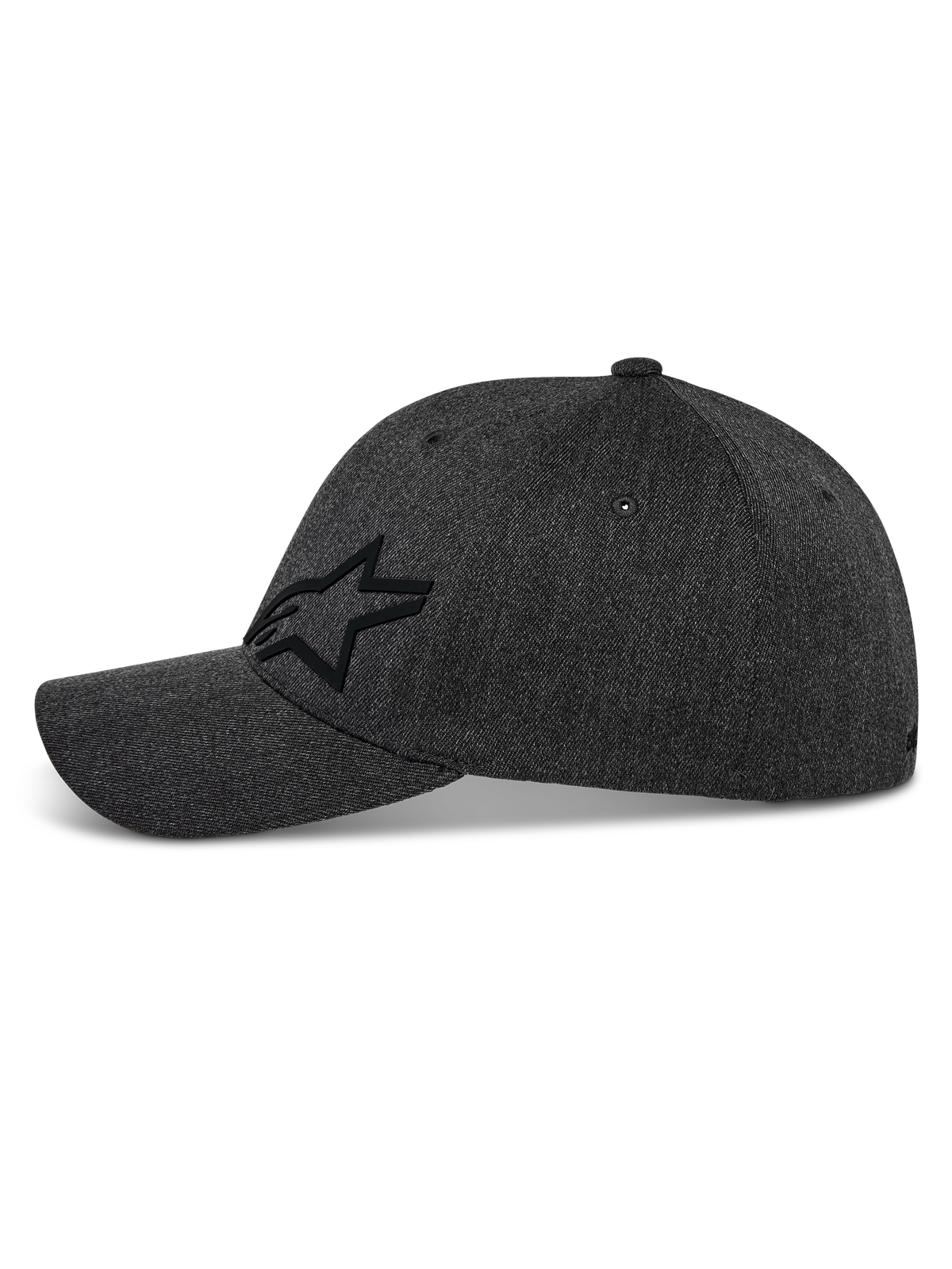 Alpinestars Corp Shift Multi Hat, casquette de baseball, gris foncé chiné, vue de profil avec logo étoile Astars noir en 3D, visière courbée, couronne structurée, tissu en sergé extensible, couvre-chef décontracté inspiré du sport automobile