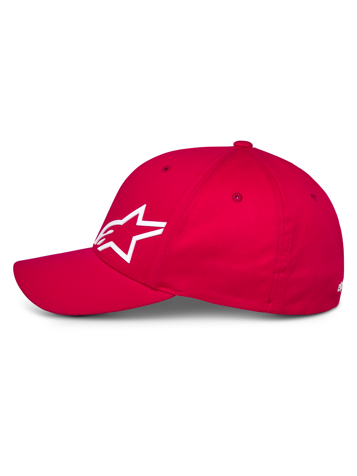 Alpinestars Corp Shift Multi pet, rode baseballcap, zijaanzicht met wit 3D Astars-logo, gebogen klep en gestructureerde kroon, casual motorsport hoofddeksel