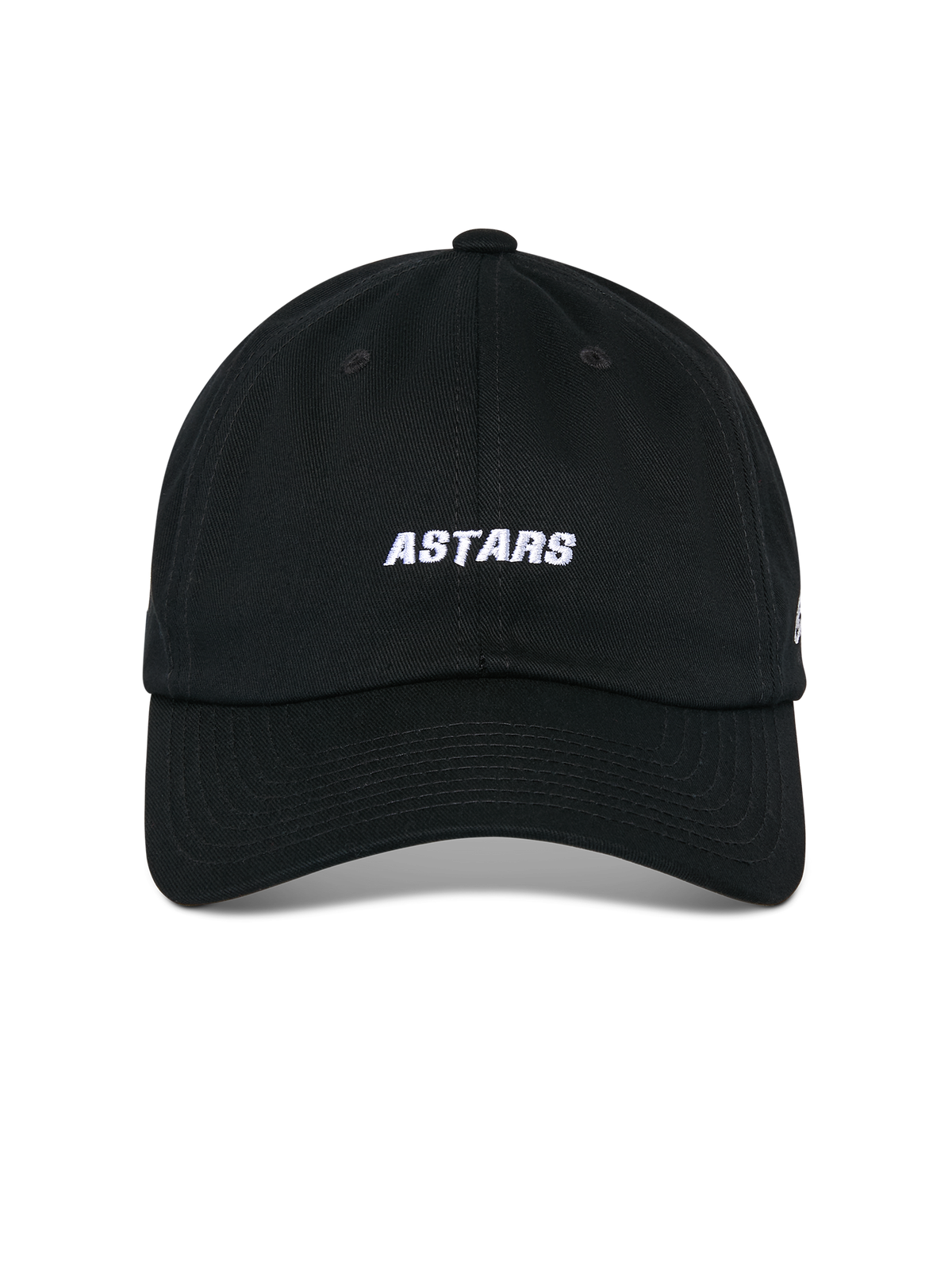 Alpinestars Deduce Strapback Hat, Black, front view showing white ASTARS embroidery, curved bill, unstructured low crown, casual motorsport headwear