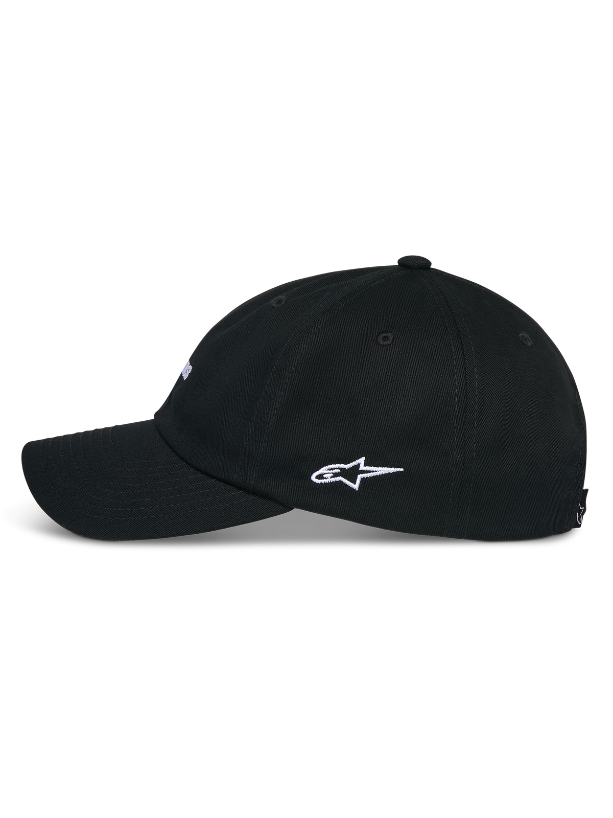 Alpinestars Deduce Strapback Hat, Black, side profile view showing curved bill and white Astars side logo embroidery, casual cotton twill headwear