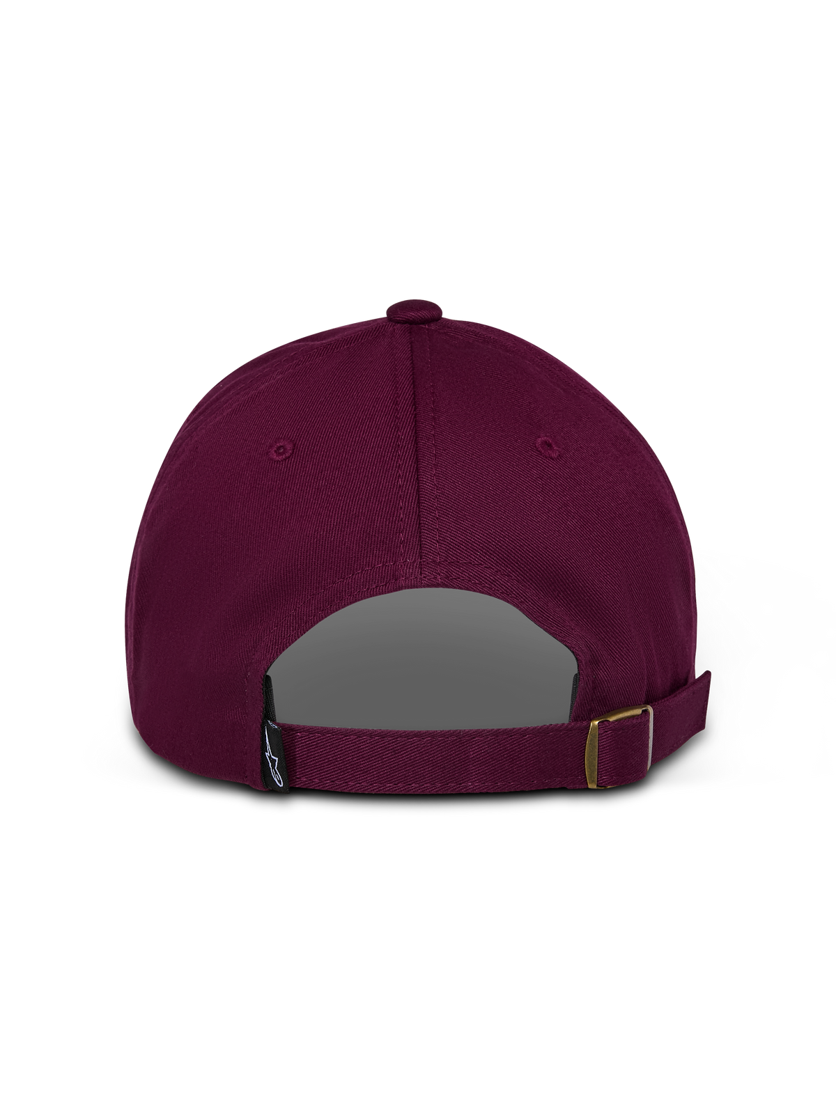 Casquette Alpinestars Deduce Strapback, bordeaux, vue arrière montrant la fermeture par sangle réglable et une petite étiquette logo, sergé de coton non structuré, style sportswear décontracté