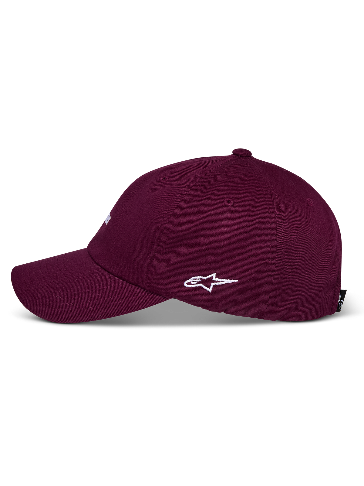 Casquette Alpinestars Deduce Strapback, bordeaux, vue de profil avec logo Astars brodé blanc, visière courbée, couronne basse non structurée, couvre-chef décontracté en sergé de coton