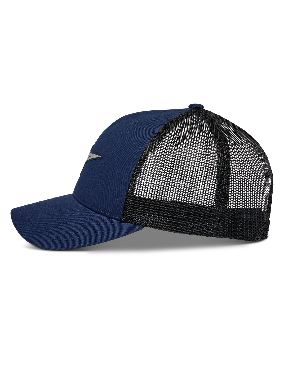 Alpinestars Reflect Ageless Trucker pet, marineblauw en zwart, zijprofiel met gebogen klep en mesh achterkant, reflecterend Astars-logo op de voorkant, casual motorsport hoofdbedekking