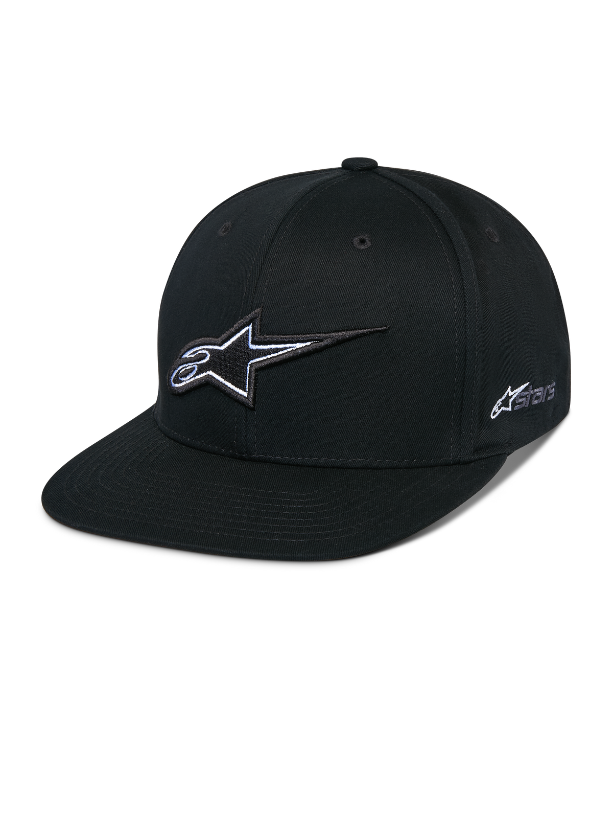 Alpinestars Thickness Snapback pet, zwarte baseballcap met platte klep, wit en grijs 3D-geborduurd sterlogo, Astars-logo op de zijkant, gestructureerd ontwerp met ventilatieopeningen, casual motorsport-hoofddeksel