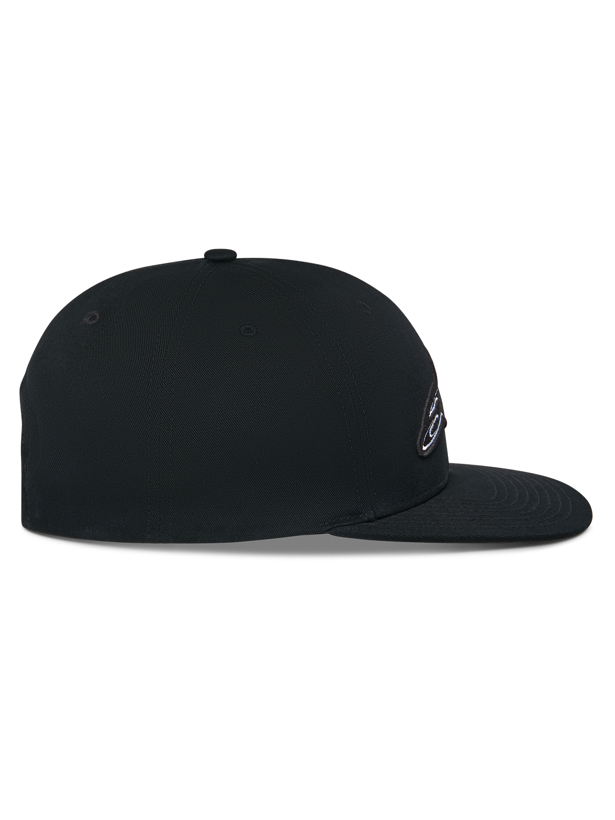 Alpinestars Thickness Snapback pet, zwart, zijprofiel, gestructureerde kroon met platte klep, katoenen keperstof, 3D-geborduurd logodetail, casual motorsport hoofdbedekking