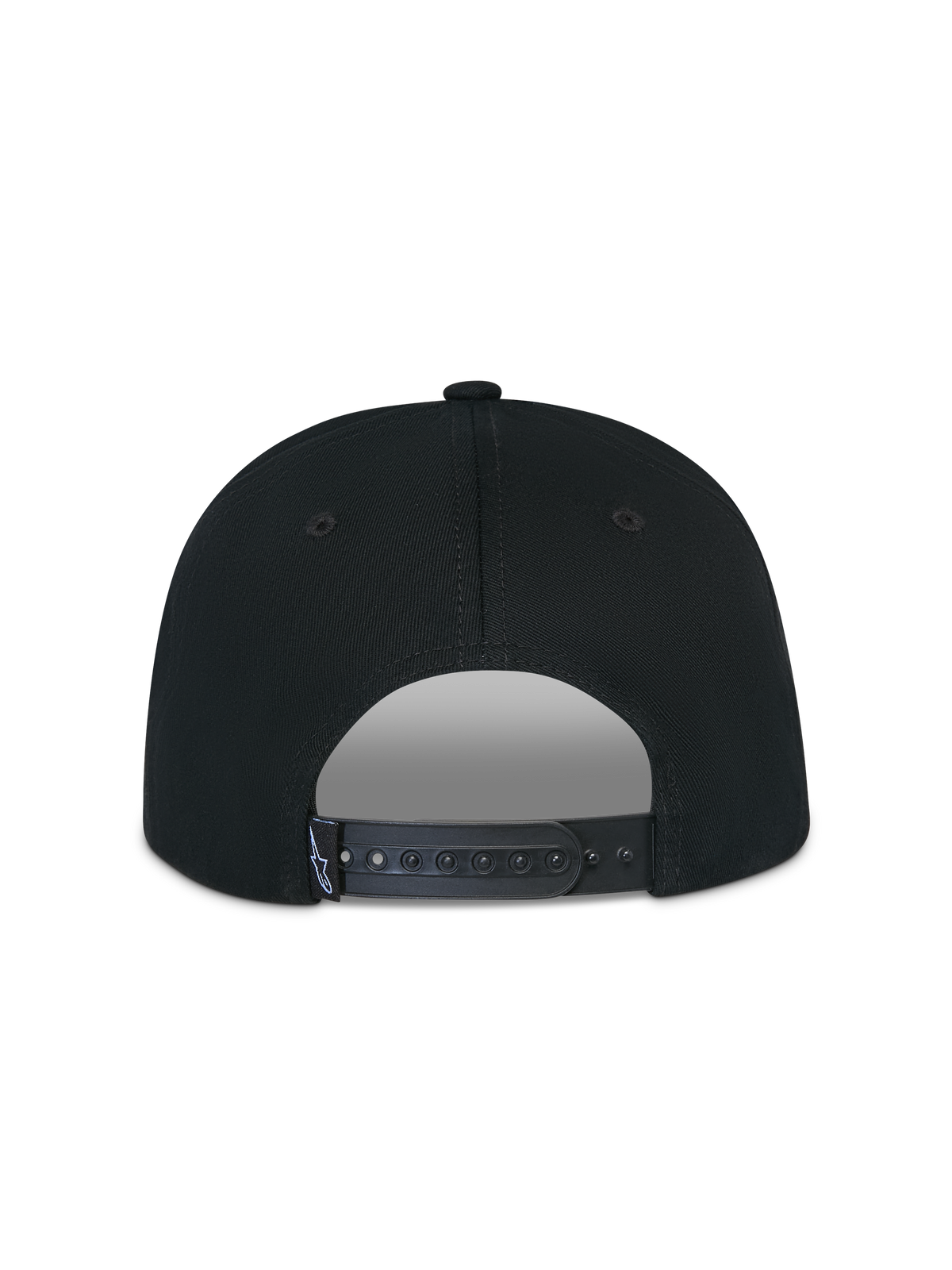 Alpinestars Thickness Snapback Pet, zwart, achteraanzicht met de verstelbare snapback-sluiting, zwarte kunststof sluiting met klein wit Astars-logolabel, gestructureerde kroon van katoenen keperstof, casual sportkleding