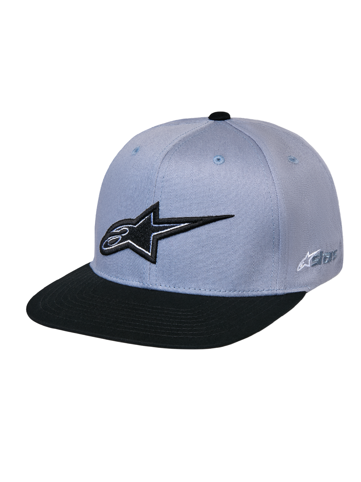 Alpinestars Thickness Snapback pet, grijs en zwart, met een gestructureerde kroon en platte klep, zwart 3D-geborduurd Astars-logo op de voorkant, logo aan de zijkant, casual op motorsport geïnspireerde hoofdbedekking