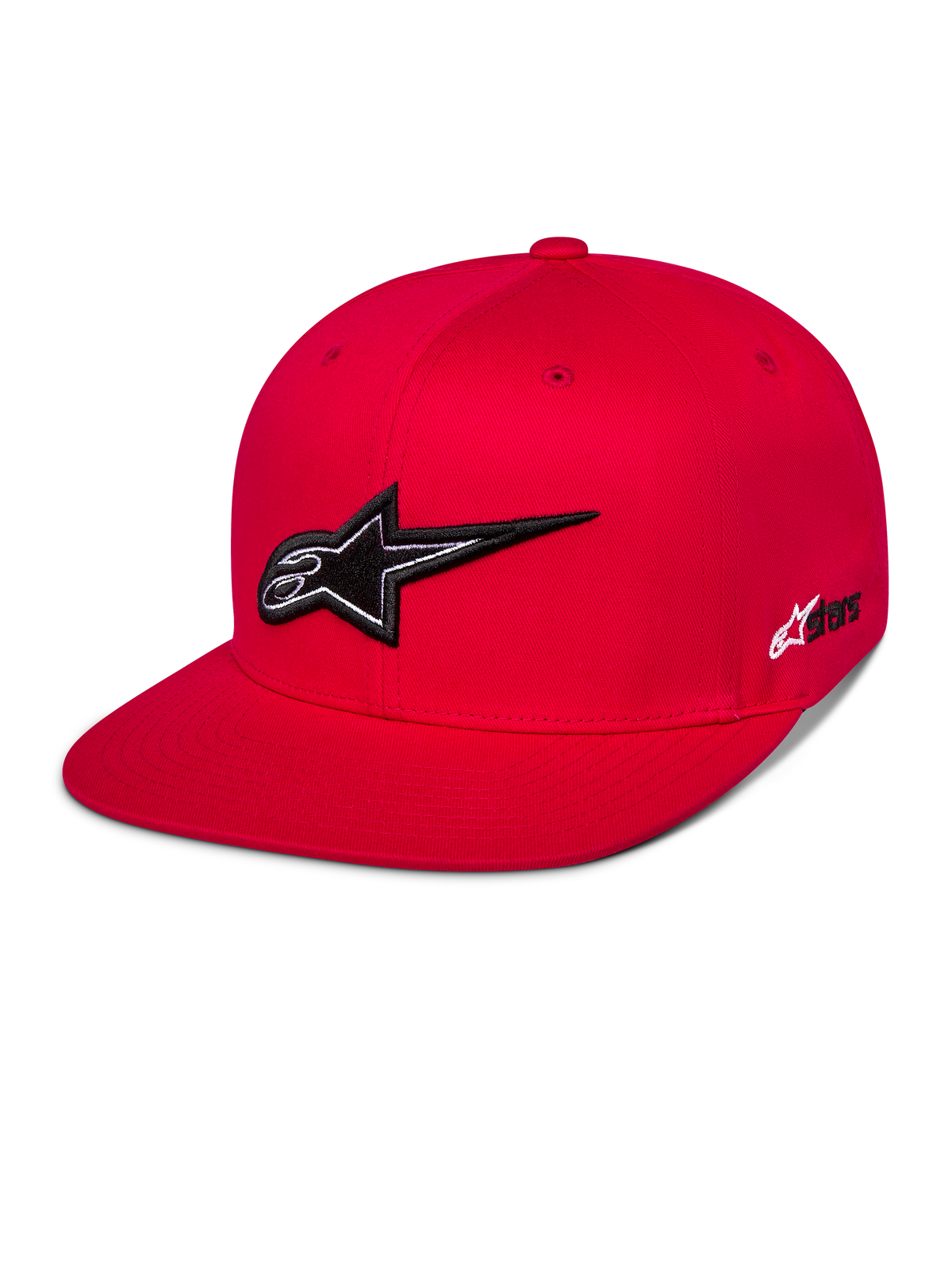 Alpinestars Thickness Snapback Pet, rode baseballcap met platte klep, opvallend zwart-wit 3D-geborduurd Astars-logo, gestructureerde kroon met bijpassende rode ventilatie-oogjes, casual motorsport streetwear