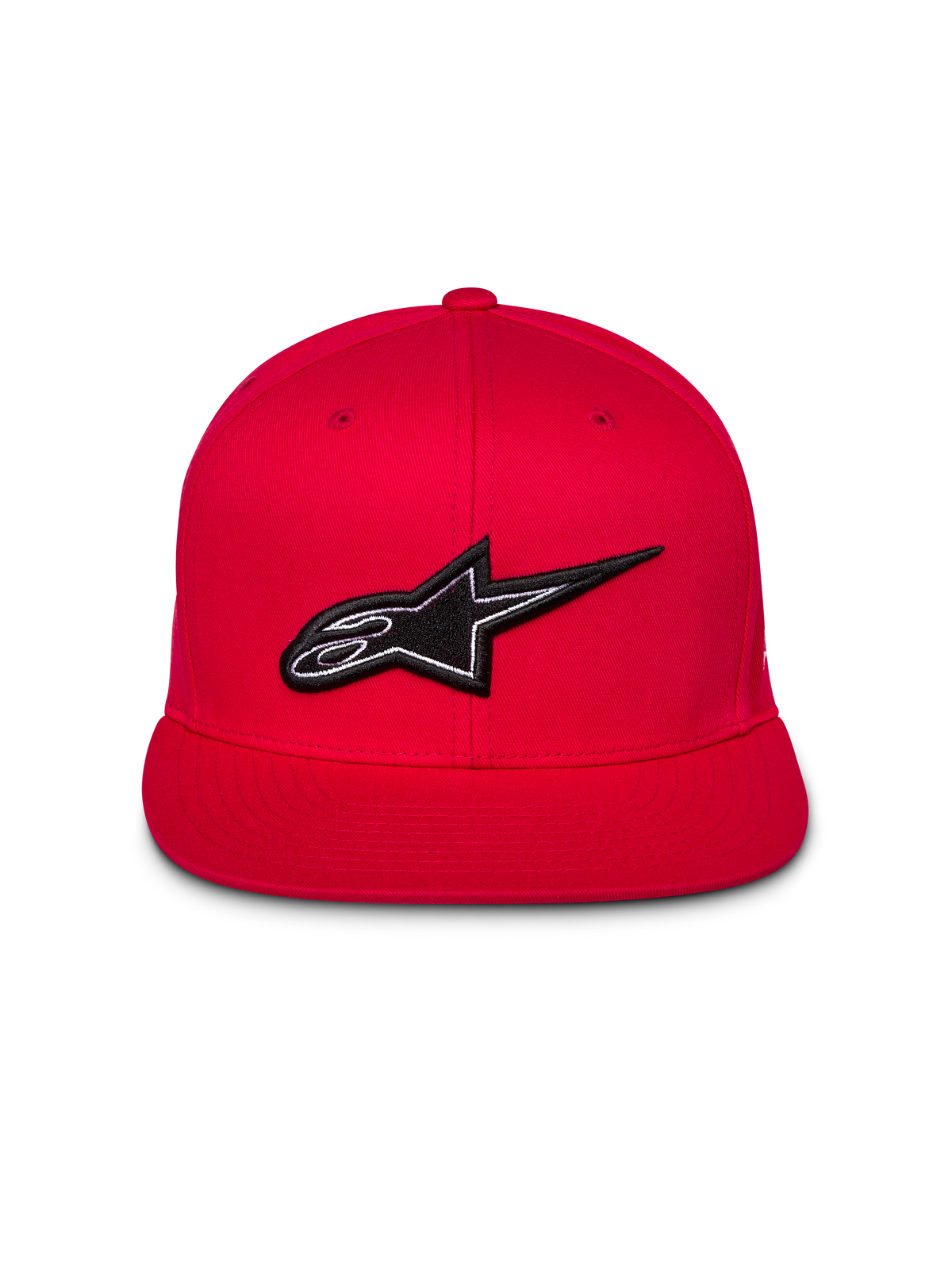Alpinestars Thickness Snapback pet, rood, vooraanzicht met 3D-geborduurd zwart-wit Astars-logo, platte klep, gestructureerde kroon, casual streetwear