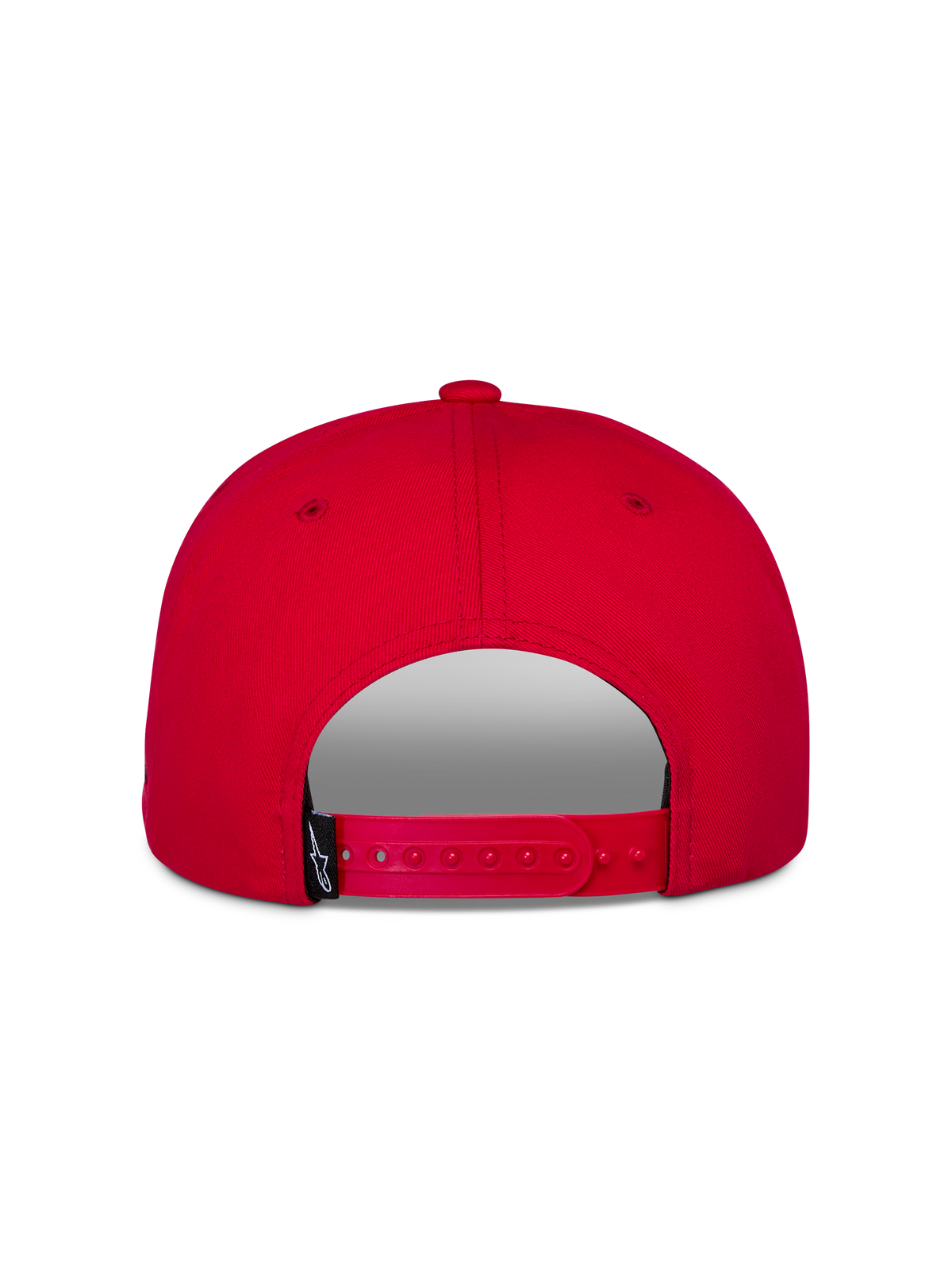Alpinestars Thickness Snapback-pet, rood, achteraanzicht met verstelbare snapback-sluiting, gestructureerde kroon, rode keperstof, klein zwart merklabel
