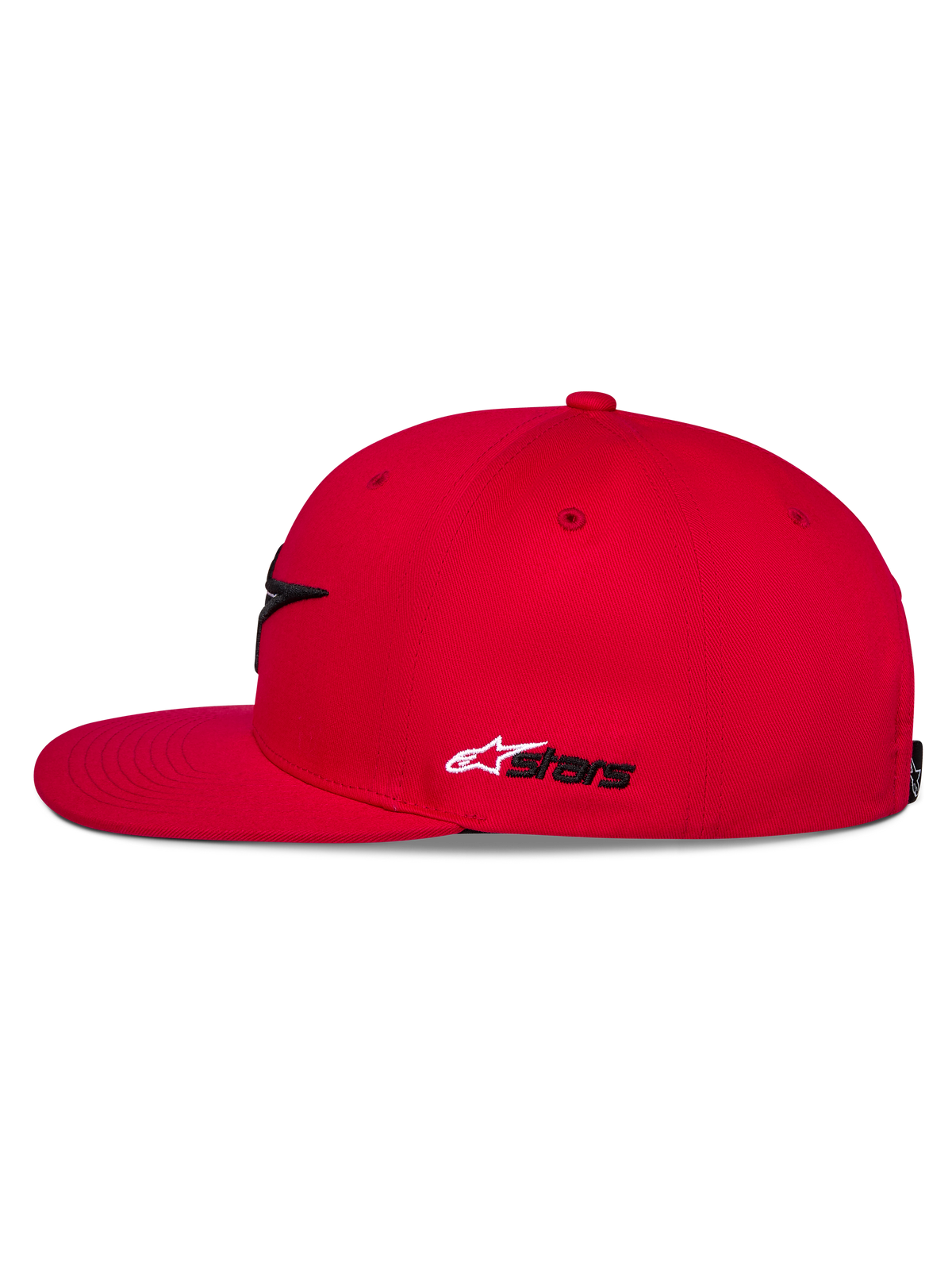 Alpinestars Thickness Snapback pet, rood, zijaanzicht, platte klep en gestructureerde kroon, wit en zwart Astars-borduurwerk aan de zijkant, casual op motorsport geïnspireerde hoofdbedekking