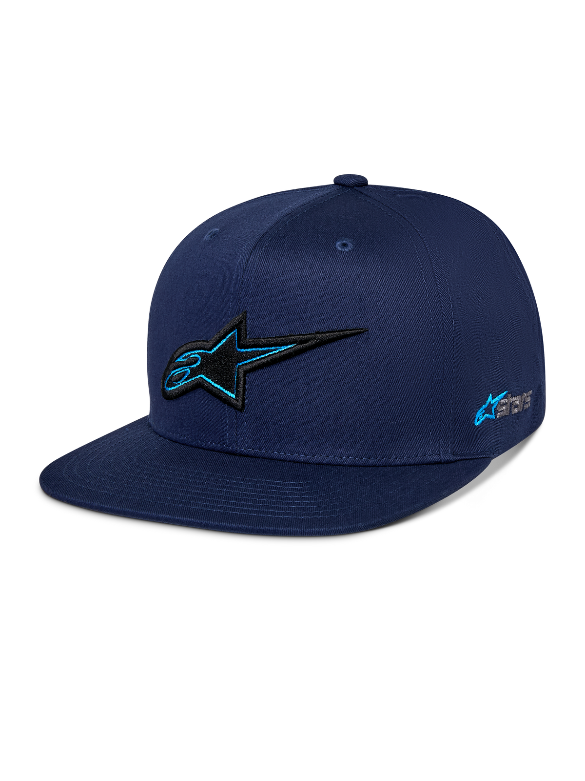 Casquette Snapback Thickness Alpinestars, bleu marine, couronne structurée avec visière plate, logo Astars brodé en 3D noir avec contour bleu clair, broderie latérale du logo, streetwear décontracté inspiré du sport automobile