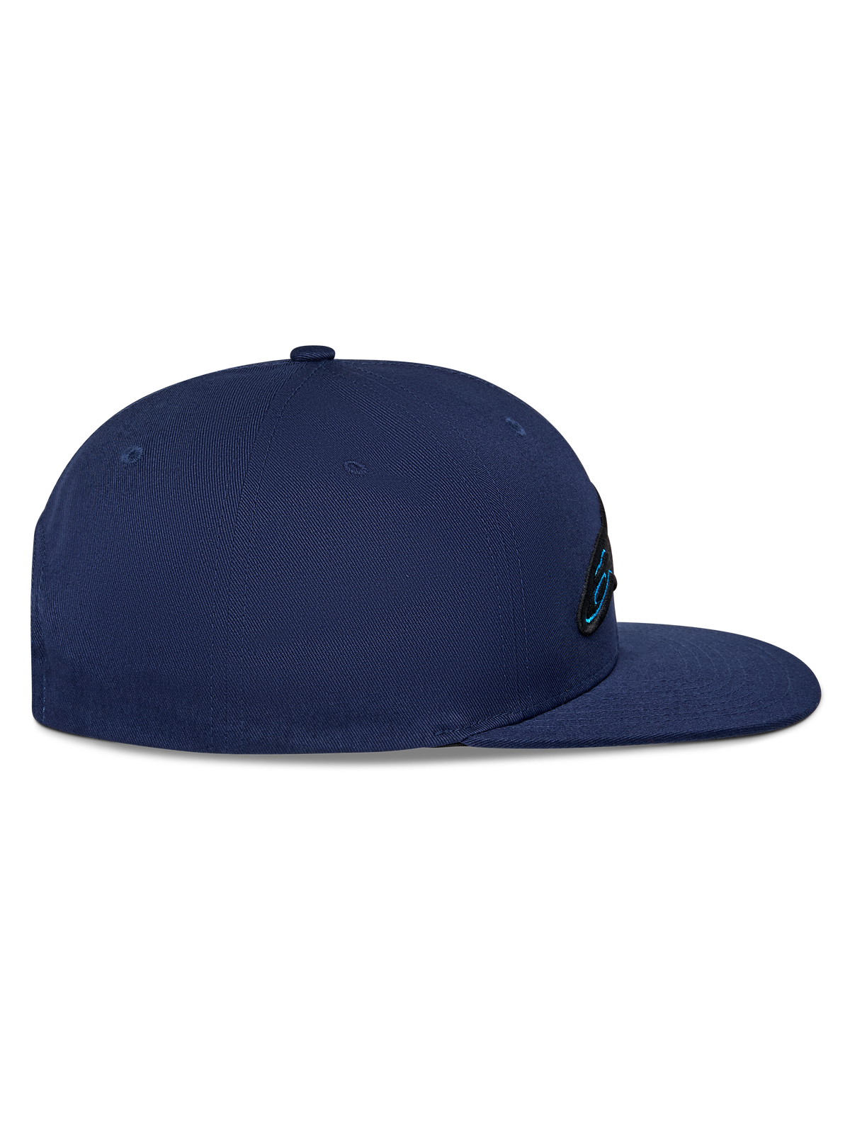 Casquette Snapback Thickness Alpinestars, casquette bleu marine, vue de profil, couronne structurée avec visière plate, tissu en sergé de coton, détail du logo brodé à l'avant, couvre-chef décontracté de sport automobile