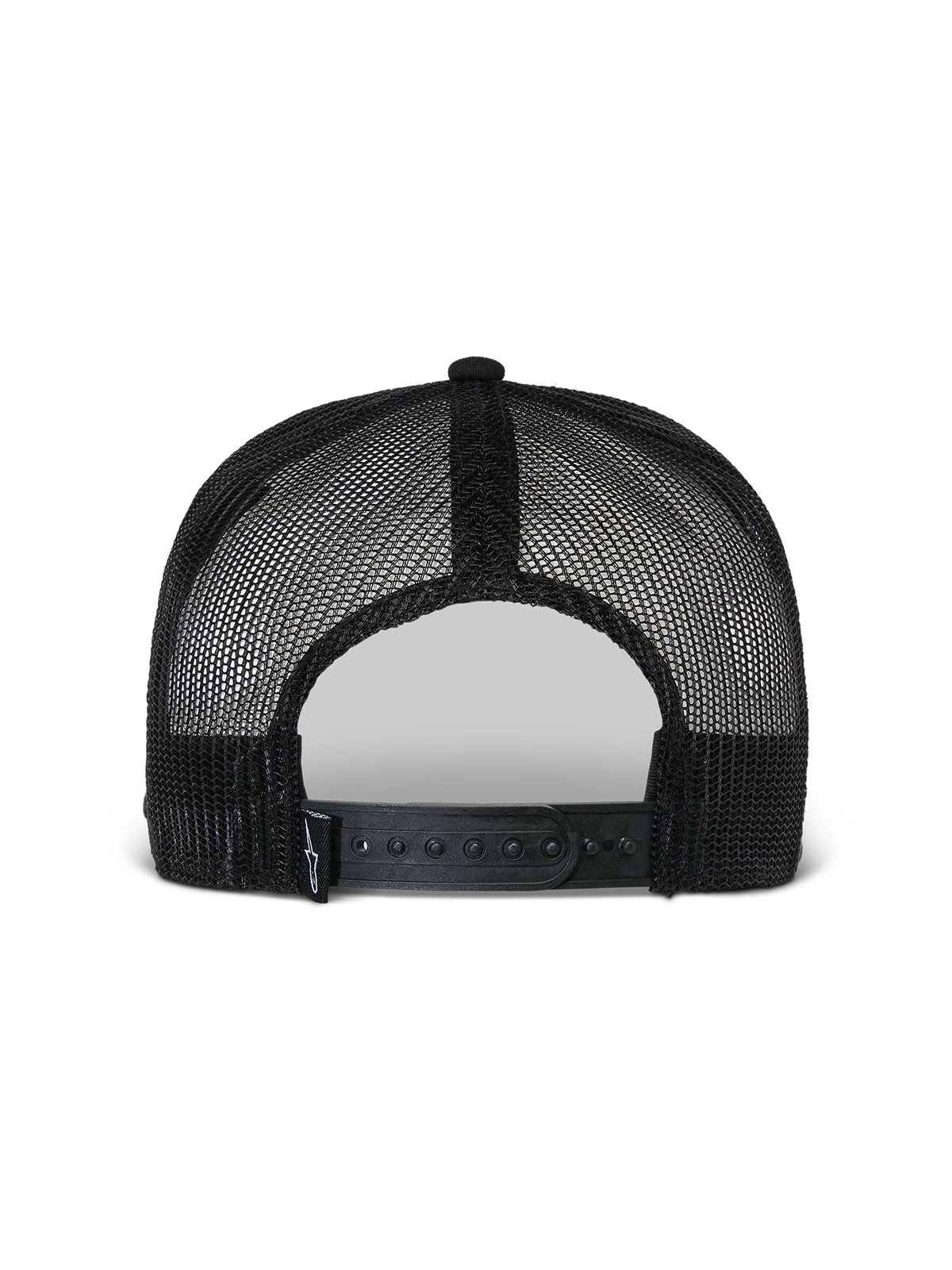 Casquette Trucker Alpinestars Flag Flat, noire, vue arrière montrant la construction en maille polyester respirante, la fermeture snapback réglable et un petit logo tissé, accessoire décontracté inspiré des sports mécaniques
