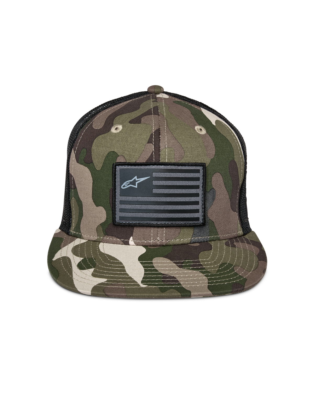 Alpinestars Flag Flat Trucker Mütze, Grün-Camo und Schwarz, flacher Schirm mit strukturierter Krone, schwarzer Flaggen-Patch mit Alpinestars-Logo, Mesh-Rückseite, lässige, vom Motorsport inspirierte Kopfbedeckung