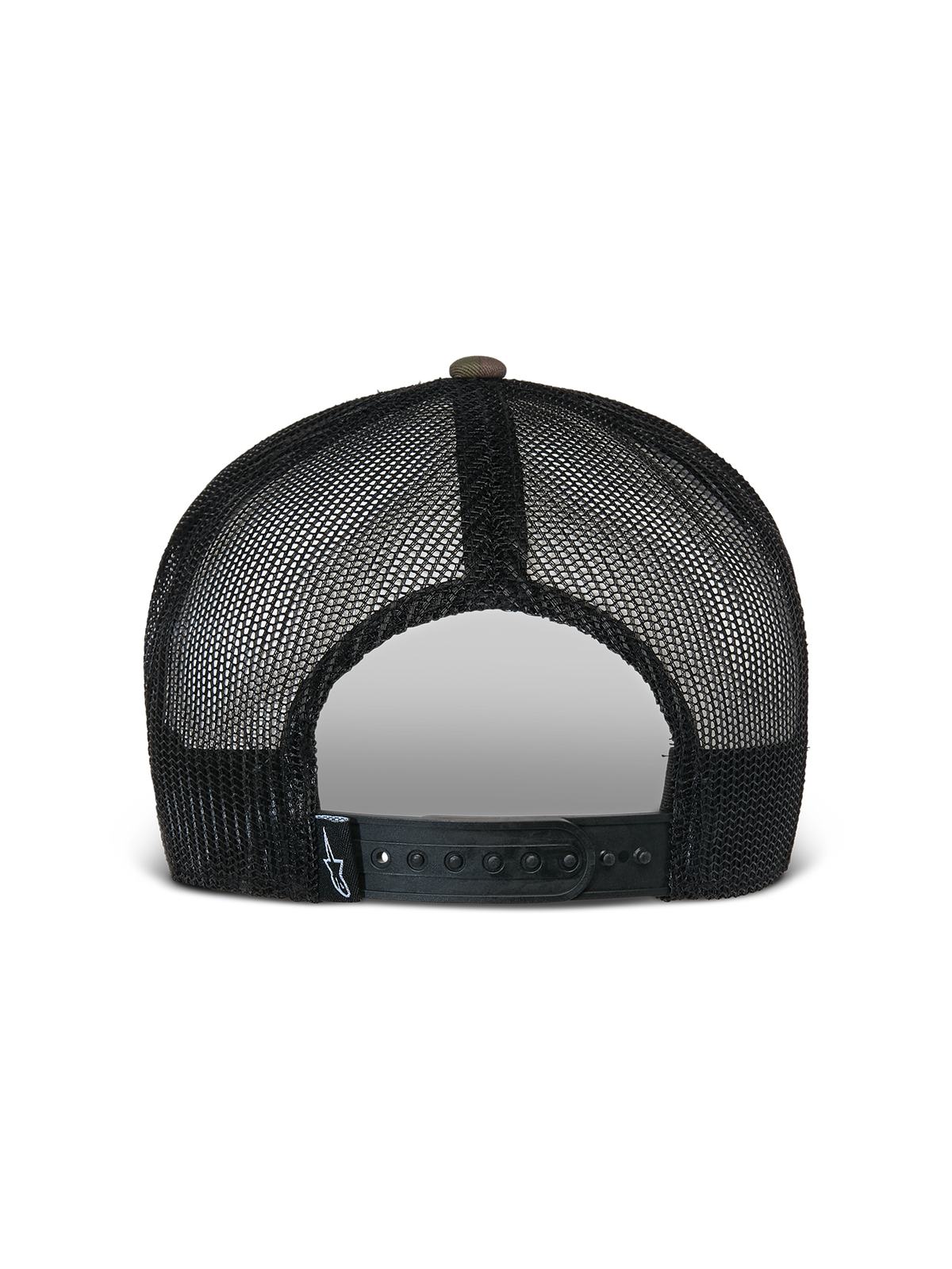 Alpinestars Flag Flat Trucker Mütze, Grün-Camo und Schwarz, Rückansicht mit atmungsaktiven schwarzen Mesh-Einsätzen und verstellbarem Snapback-Verschluss mit kleinem Logo-Etikett, lässige vom Motorsport inspirierte Kopfbedeckung