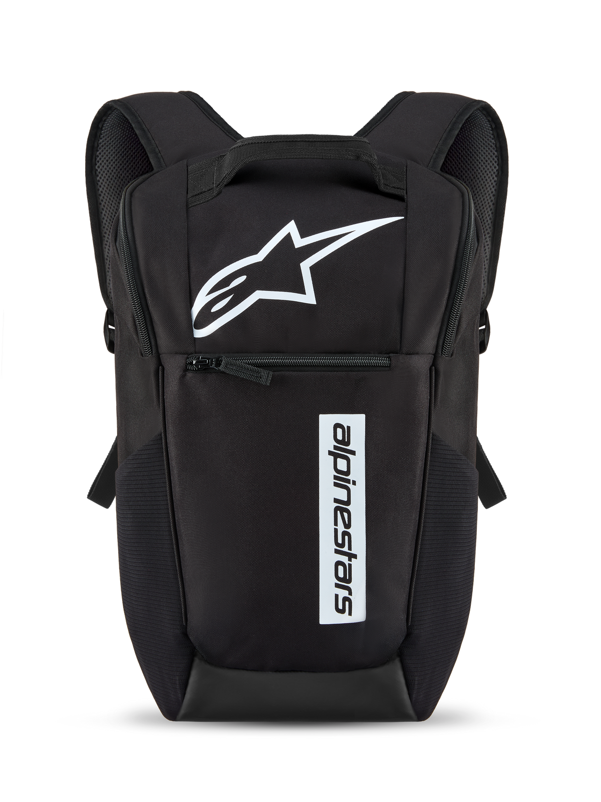 Alpinestars Defcon V3 Rucksack, Schwarz und Weiß, kleiner Tagesrucksack mit weißem Stern-Logo und vertikalem Markenschriftzug, Frontreißverschlusstasche, gepolsterte Schultergurte, strapazierfähiges 600D-Polyester-Material