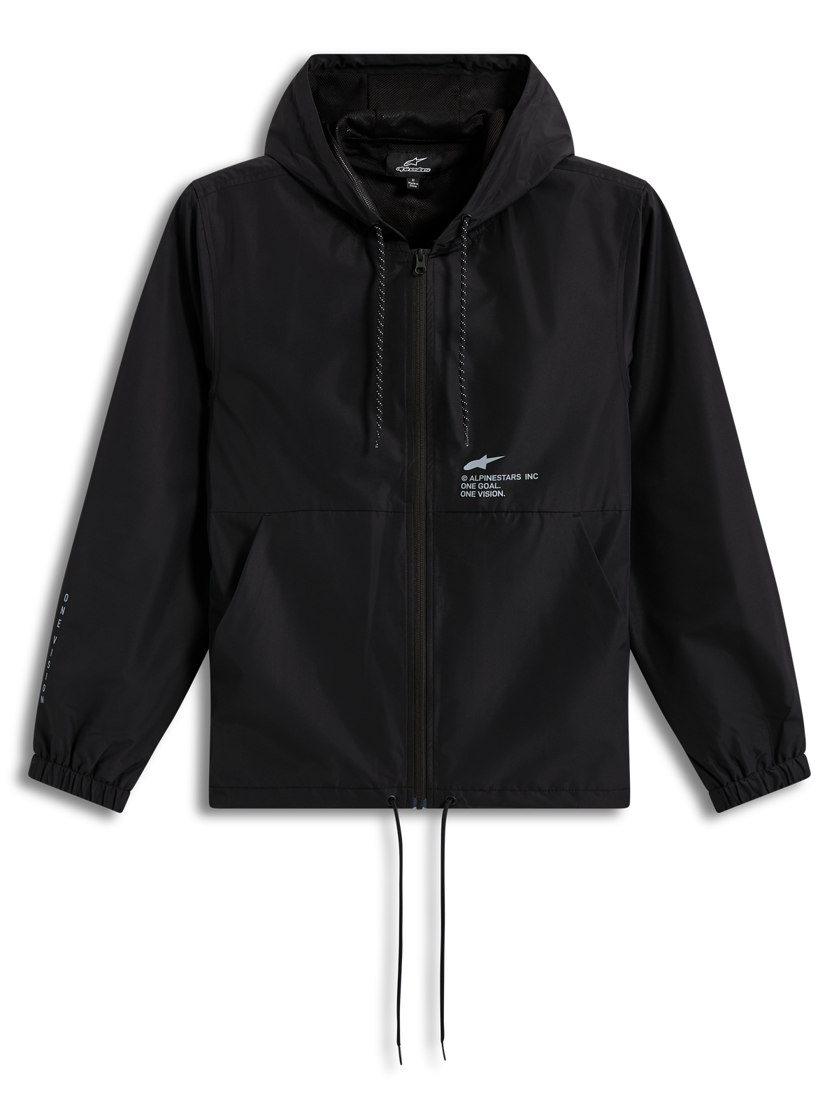 Veste coupe-vent Alpinestars Speeder Resolve, noire, modèle léger à capuche avec zip frontal et logo sur la poitrine.