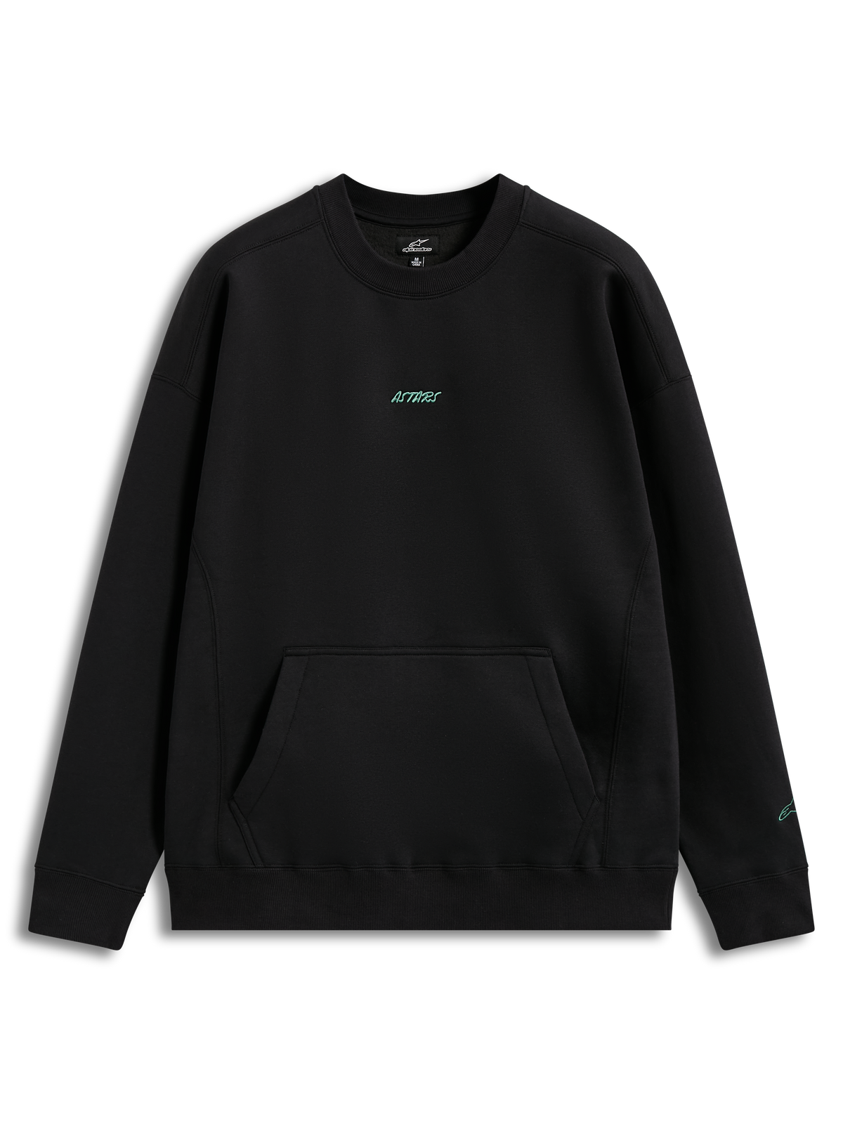Alpinestars Guise Oversized Crew, sweat-shirt en polaire noir, coupe ample, logo Astars bleu sarcelle et poche kangourou.