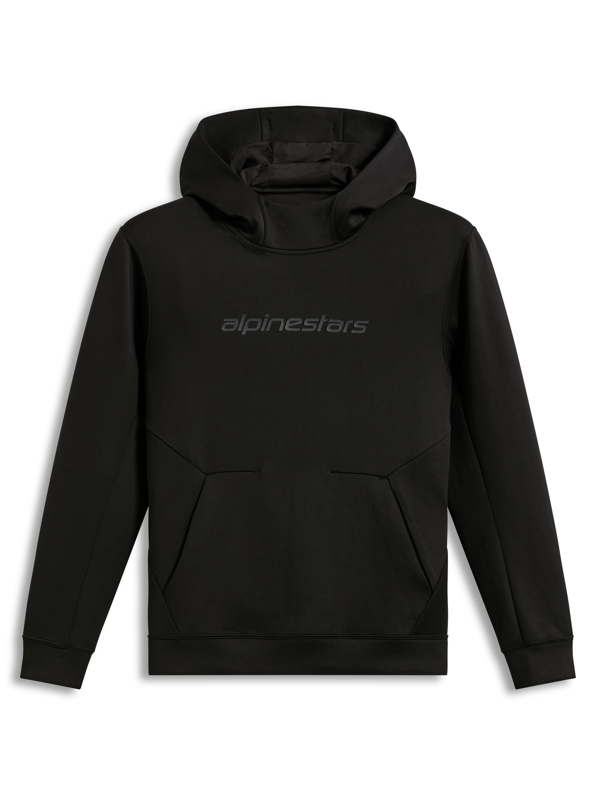 Alpinestars Datrix Hoodie, black pullover fleece for sportswear, featuring a tonal HD word logo and dart detail pocket.