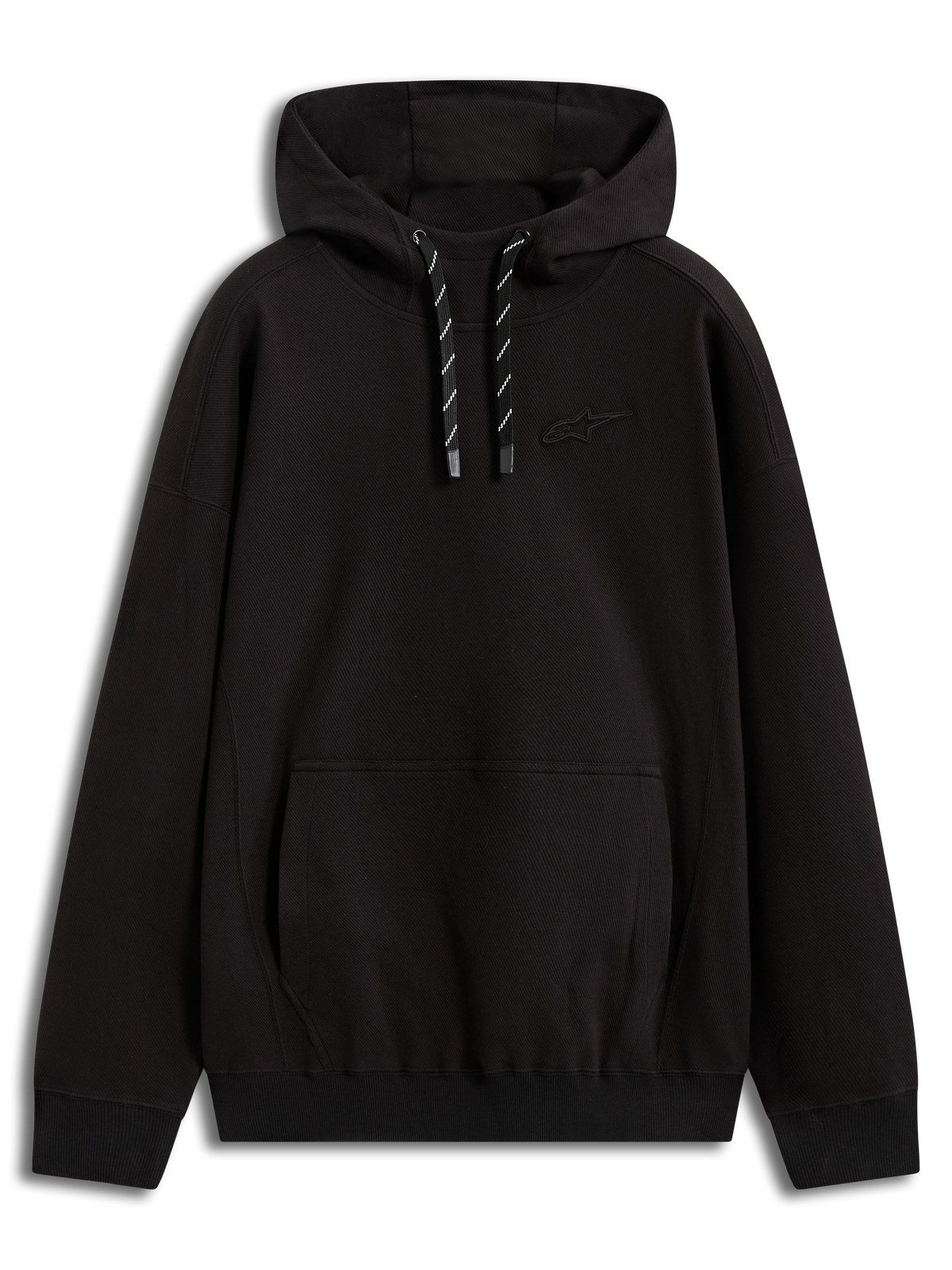 Alpinestars Camino Textured Oversized Hoodie, sweat à capuche de sportswear noir en polaire texturée, logo 3D discret, poche kangourou et cordons bicolores noirs et blancs.