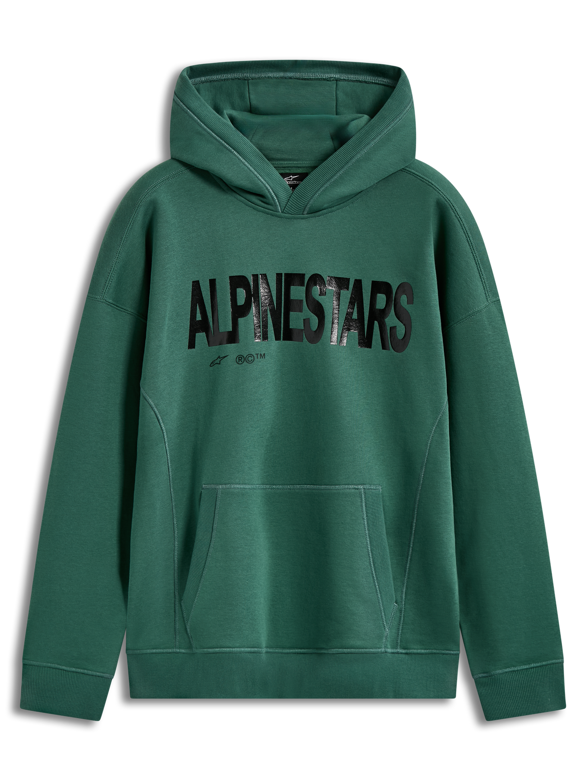 Alpinestars Shaw Oversized hoodie, sweat à capuche sportswear vert, logo noir texturé, polaire avec poche kangourou.