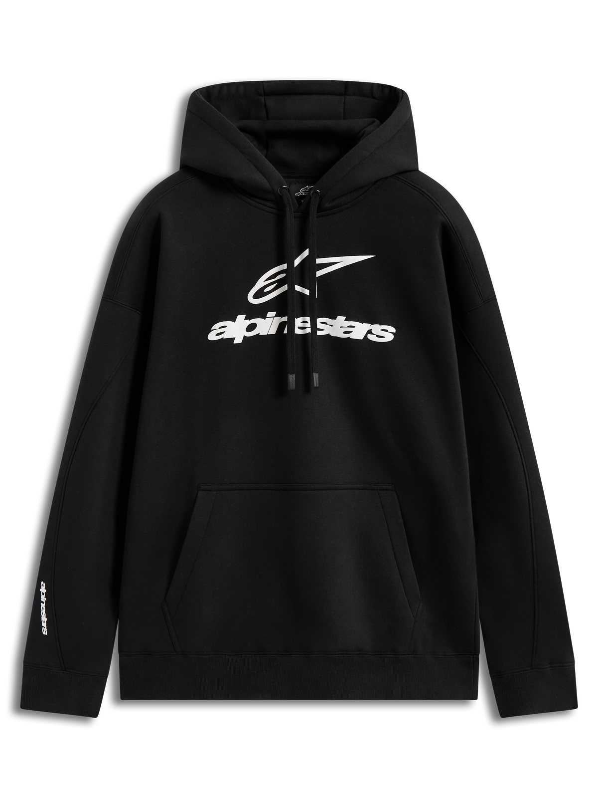 Alpinestars Prelude Oversized Hoodie, sweat à capuche noir en polaire avec logo blanc en relief et poche kangourou.