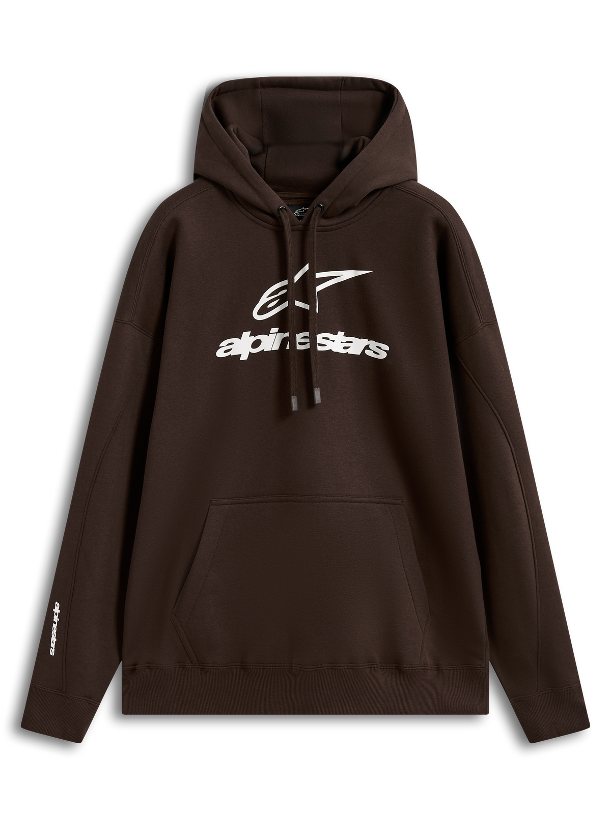 Alpinestars Prelude Oversized, sweat à capuche marron en polaire, logo blanc en relief, poche kangourou, style sportswear