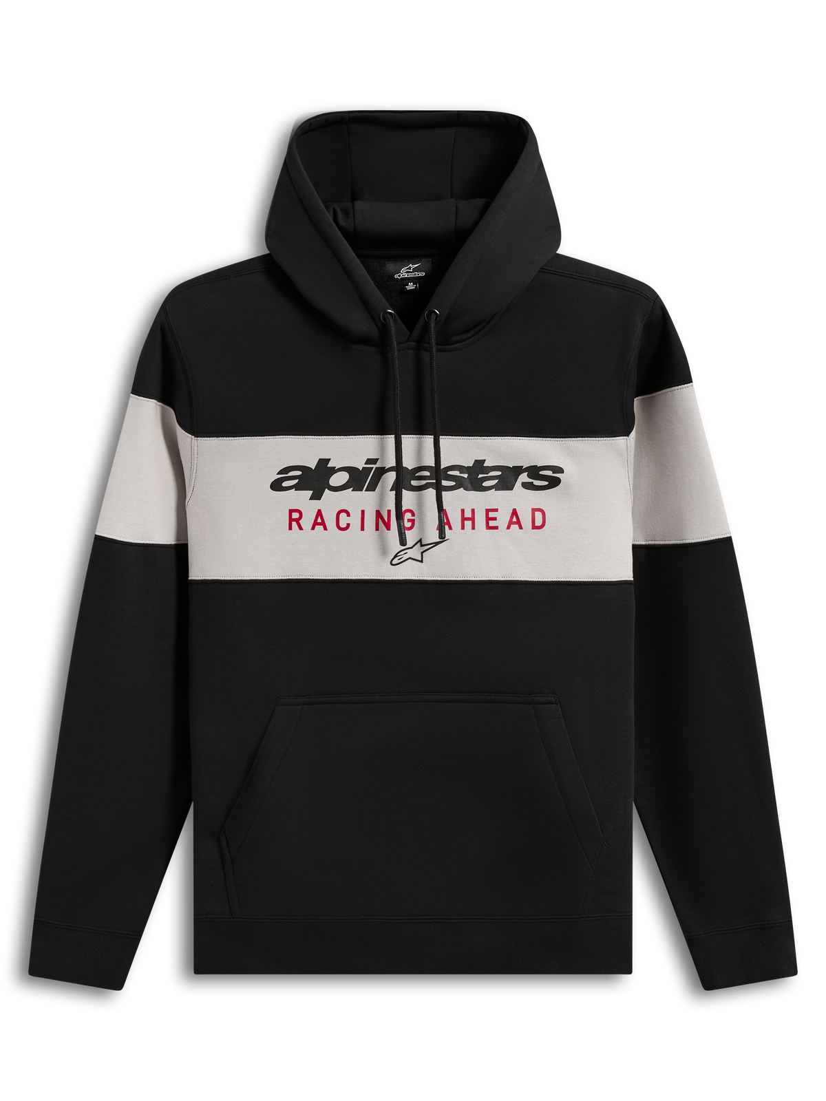 Alpinestars Cubic Hoodie, sweat à capuche en polaire noir et gris à blocs de couleurs, logo Racing Ahead et poche kangourou.