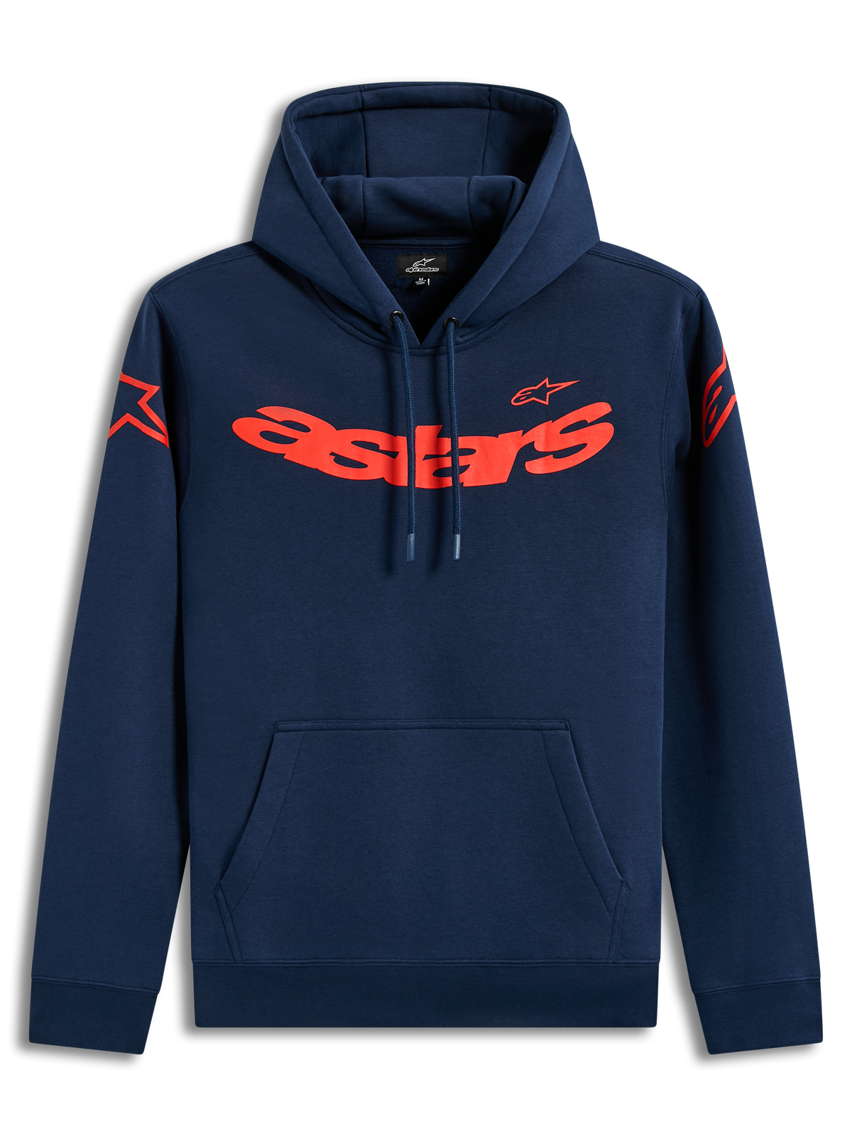 Alpinestars Velocifier Hoodie, sweat à capuche bleu marine en polaire avec logos Astars rouges, style sportswear.