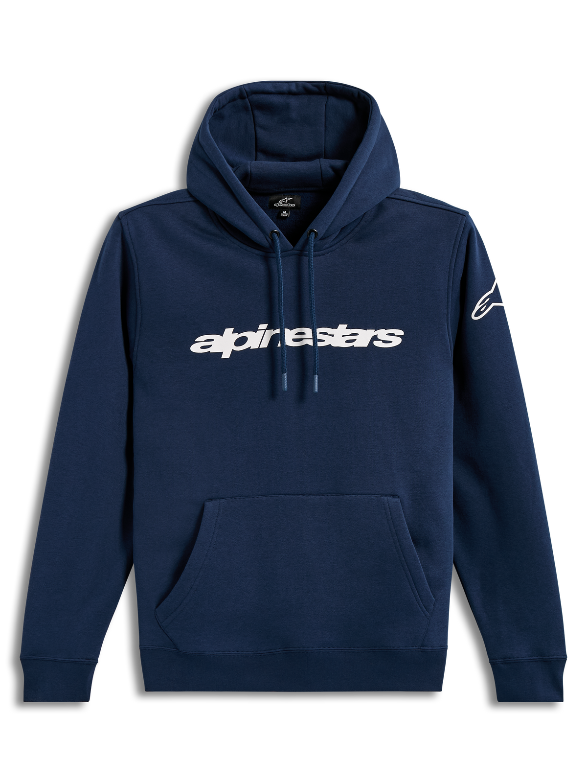 Alpinestars Race Wordmark Hoodie, sweat à capuche en polaire, bleu marine et blanc, logo linéaire blanc sur le devant, poche kangourou, style sportswear