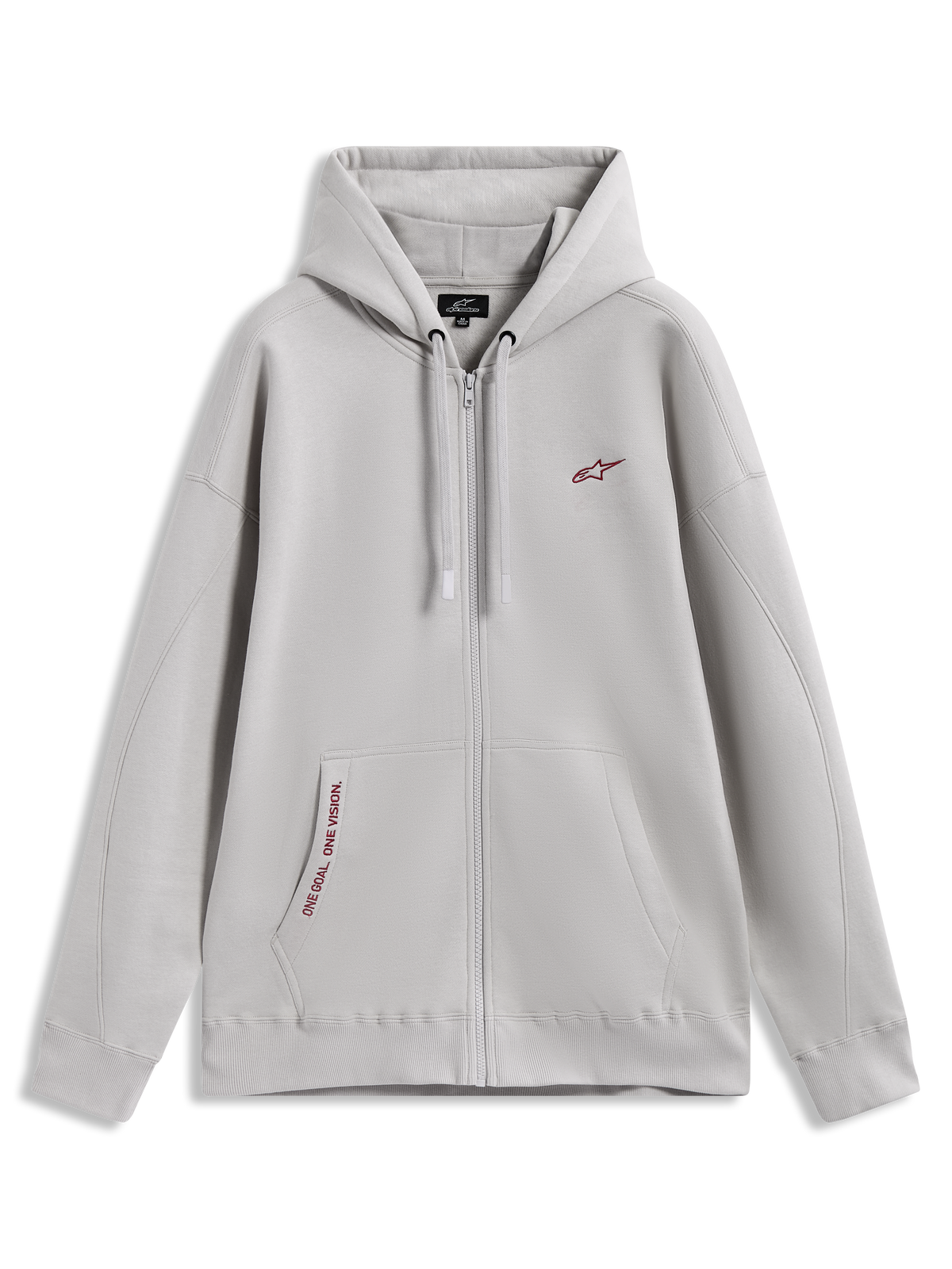 Alpinestars Pioneer Oversized Hoodie, polaire zippée gris ciment avec logos rouges et poche kangourou, style sportswear.