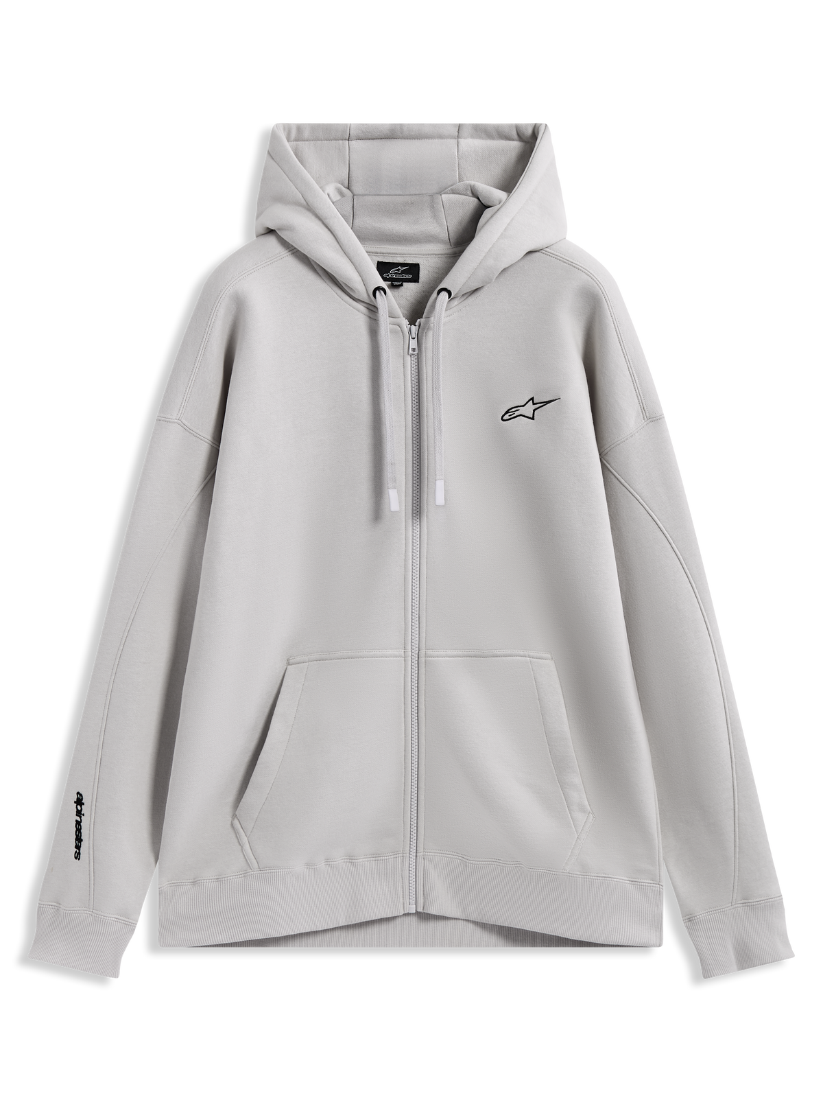 Alpinestars Entity Oversized Hoodie, sweat à capuche zippé en polaire gris, logos brodés et poche kangourou, sportswear.