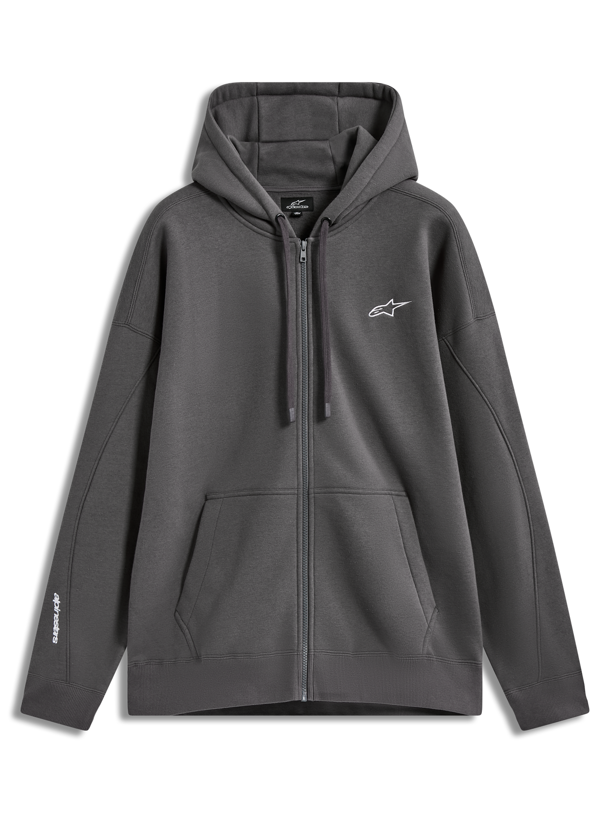 Alpinestars Entity Oversized Hoodie, charcoal gray full-zip sportswear featuring a kangaroo pocket and chest embroidery.
