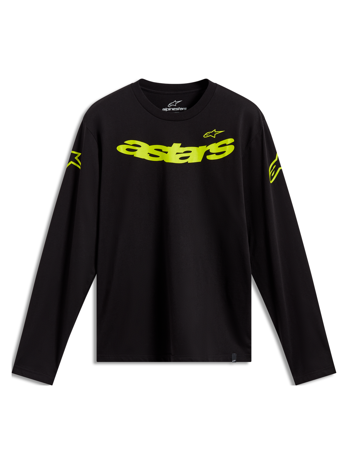 Alpinestars Velocifier CSF, t-shirt à manches longues noir avec logos Astars jaune fluo sur le devant et les épaules, style sportswear décontracté