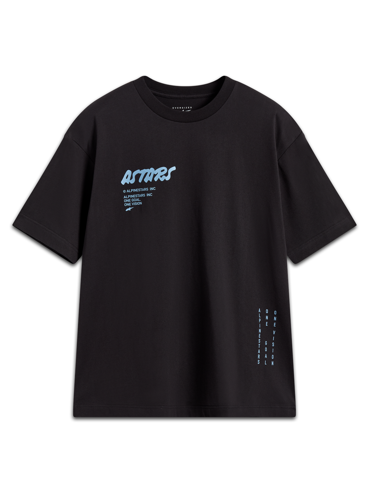 Alpinestars Chalk Oversized CSF T-Shirt, zwart sportswear t-shirt met korte mouwen, lichtblauw Astars-logo en zijbranding.