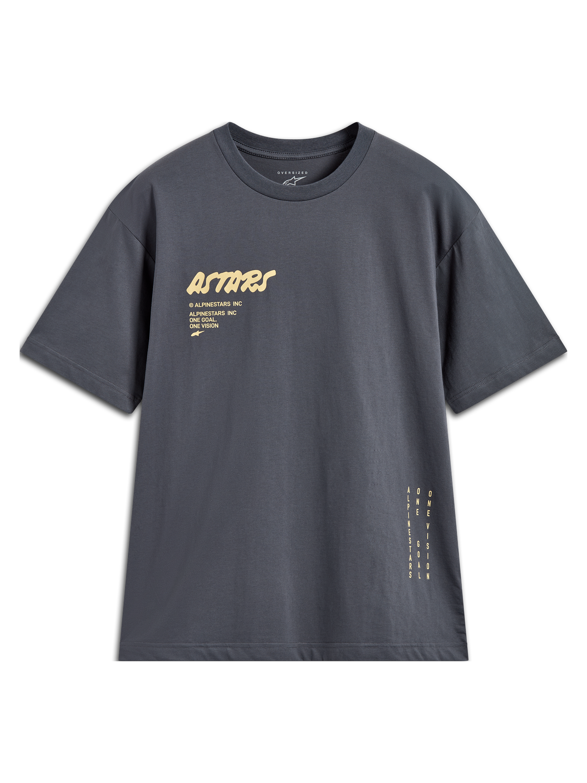 Alpinestars Chalk Oversized CSF, t-shirt à manches courtes gris anthracite, logo Astars et marquage vertical sur le côté.