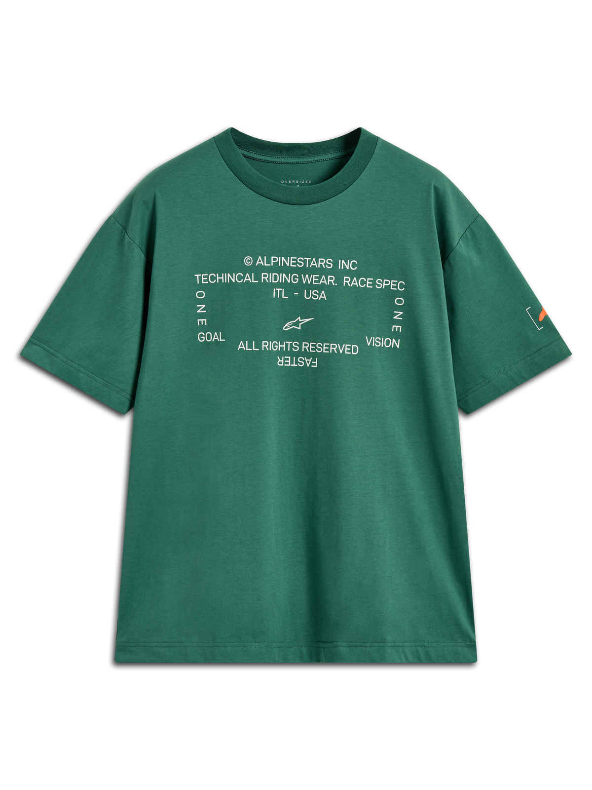 Alpinestars Infinity Oversized CSF Tee, green short sleeve sportswear with white technical front graphic and Astars sleeve logo.