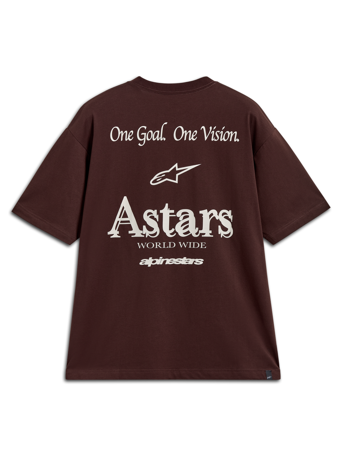 Alpinestars Post Oversized CSF Tee, t-shirt marron à manches courtes, vue de dos avec logos blancs One Goal One Vision.
