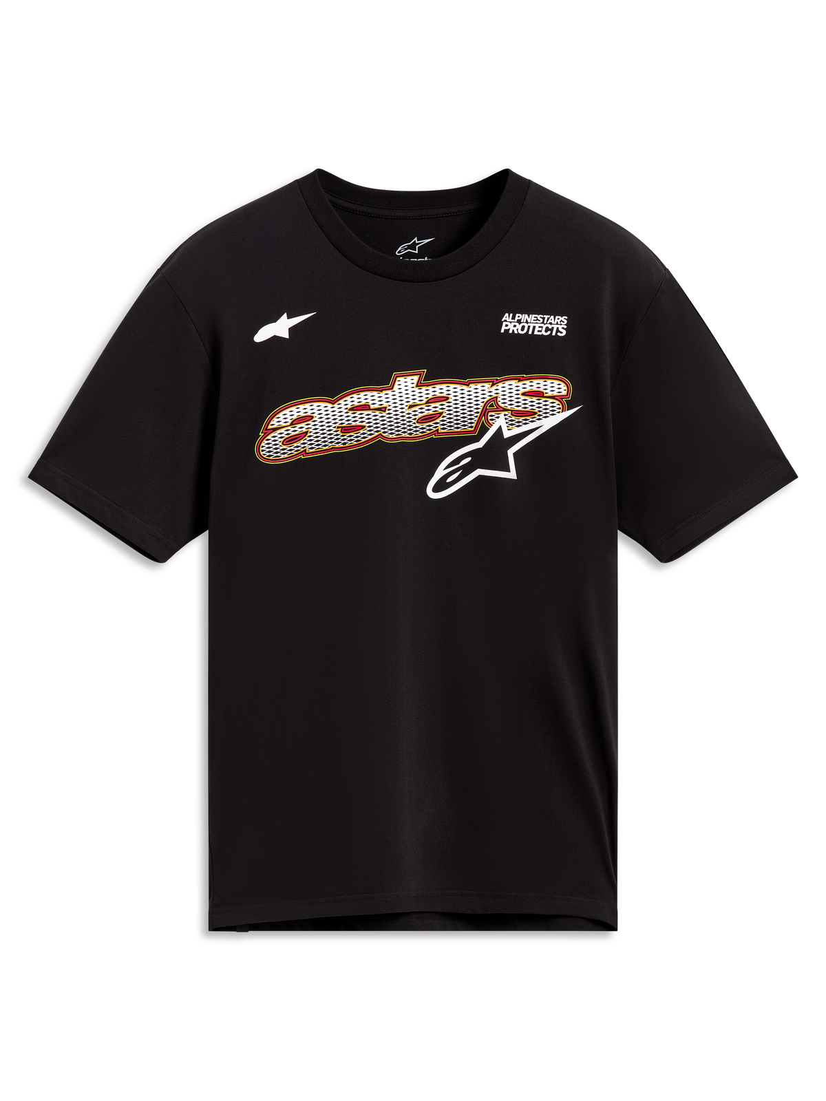 Alpinestars Cypress CSF Tee, Black short sleeve sportswear shirt with a white mesh-fill Astars graphic and branding.