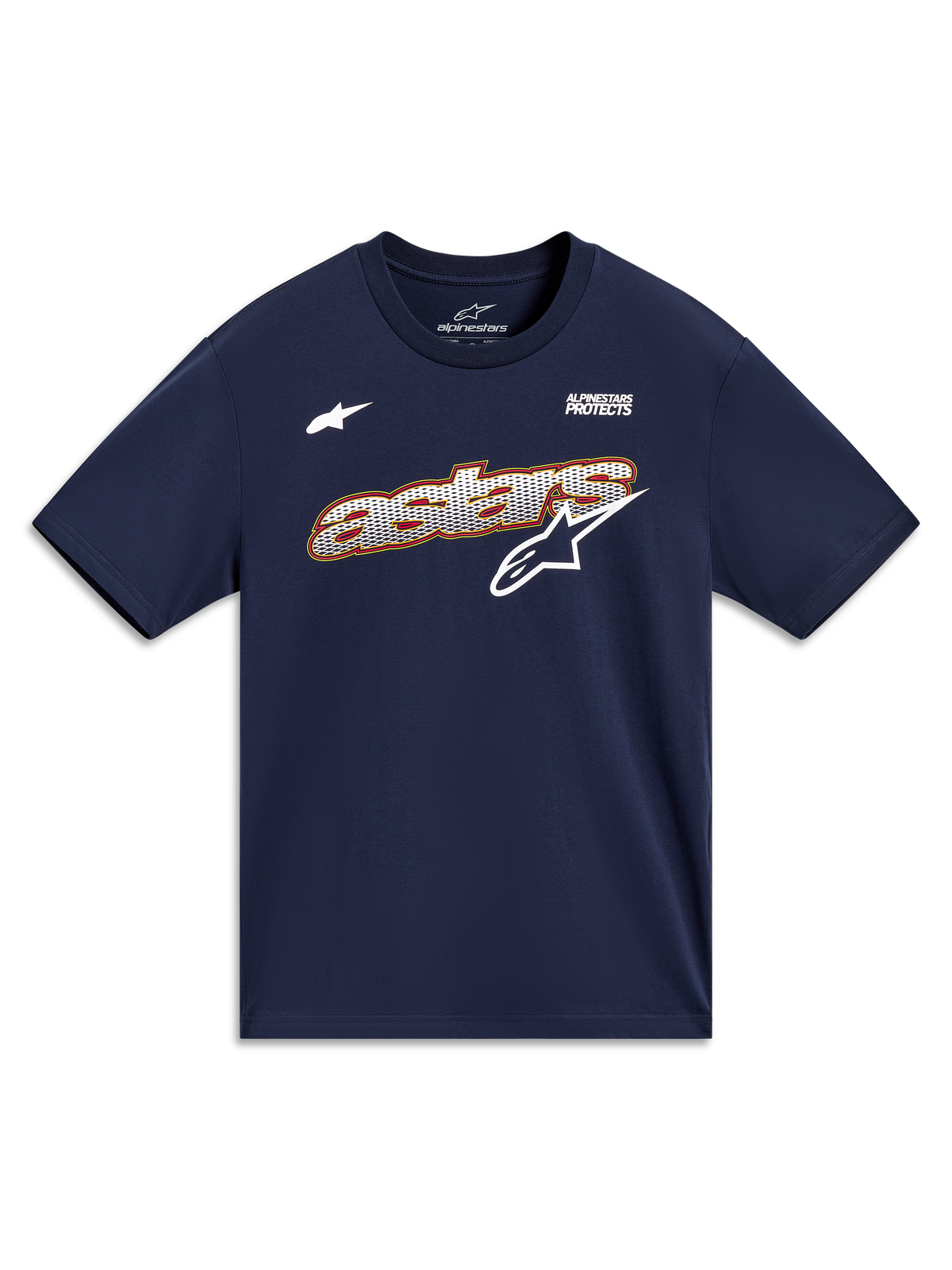 T-shirt Alpinestars Cypress CSF bleu marine à manches courtes, logo Astars au remplissage mesh et slogan Alpinestars Protects.