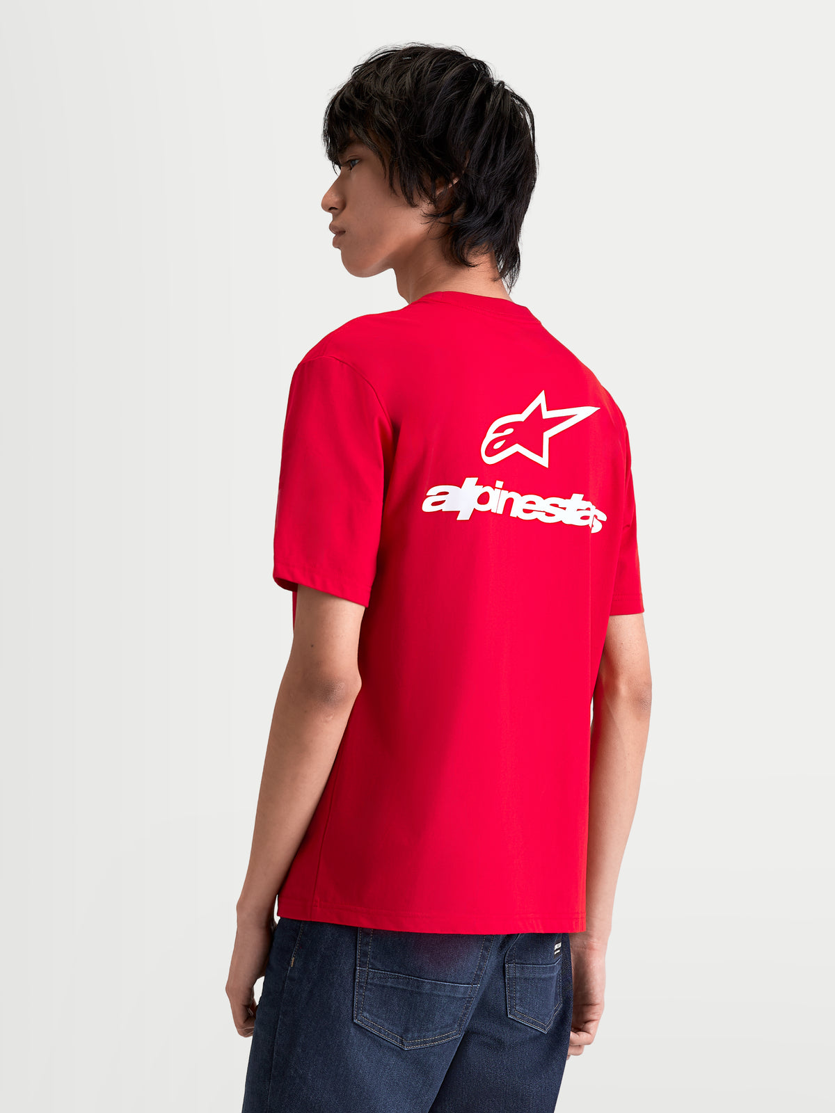 Alpinestars T-shirt Combo Back CSF, t-shirt de sportswear à manches courtes pour homme, rouge et blanc, vue de dos avec un grand logo Astars blanc et lettrage imprimés au dos.