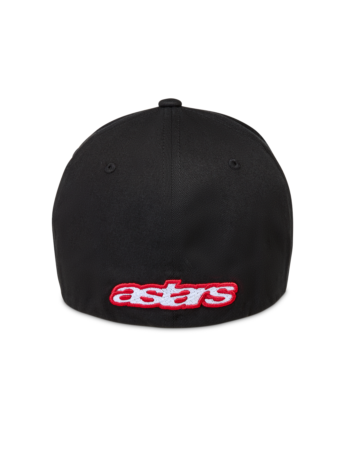 Alpinestars Lineout, casquette de sportswear noire avec dos flexible, logo Astars brodé en rouge et blanc à l'arrière, vue de dos.