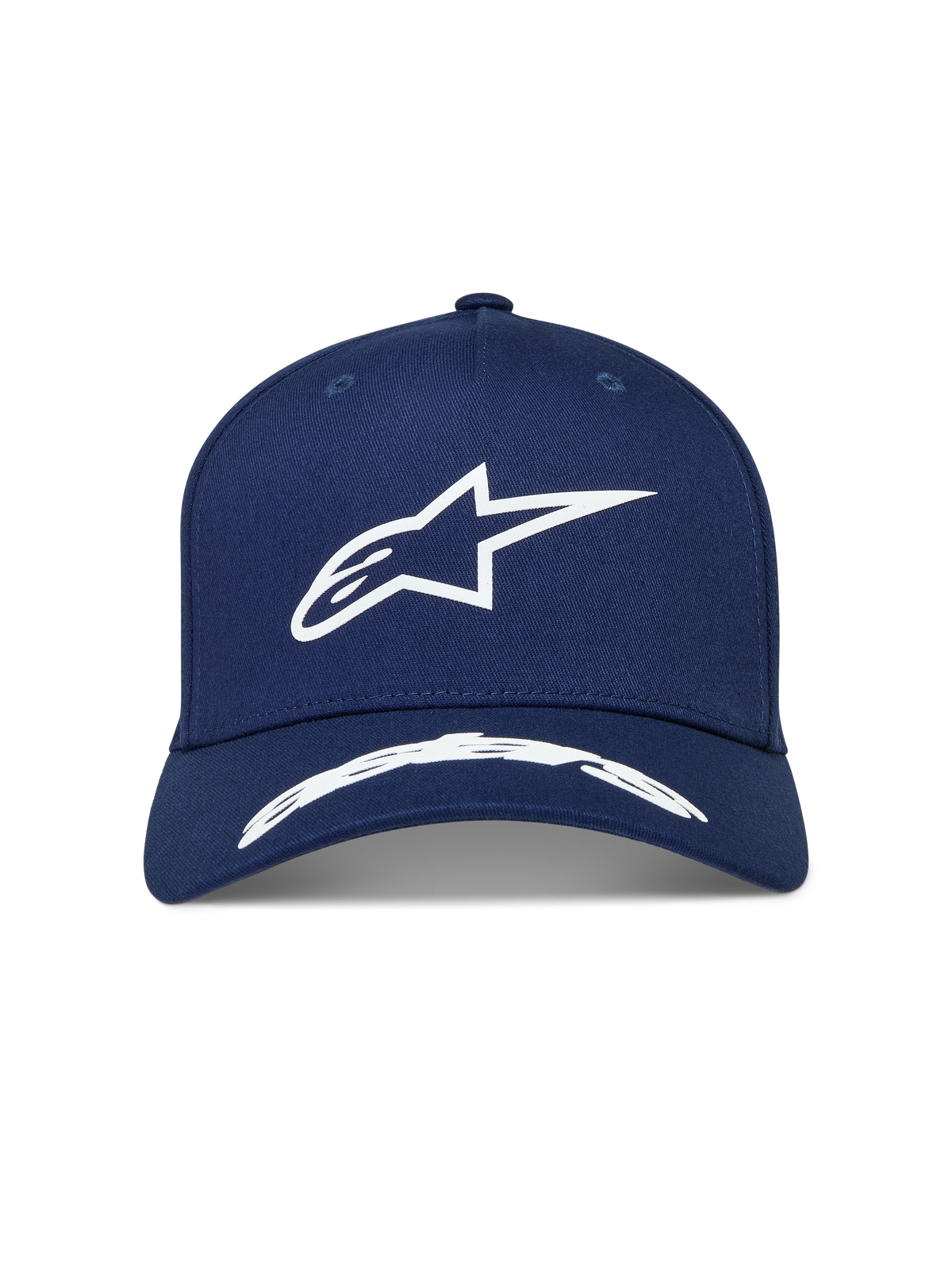 Alpinestars Arclight hoed, donkerblauwe pet met wit puffprint Astars-logo, gestructureerde kroon en gebogen klep.