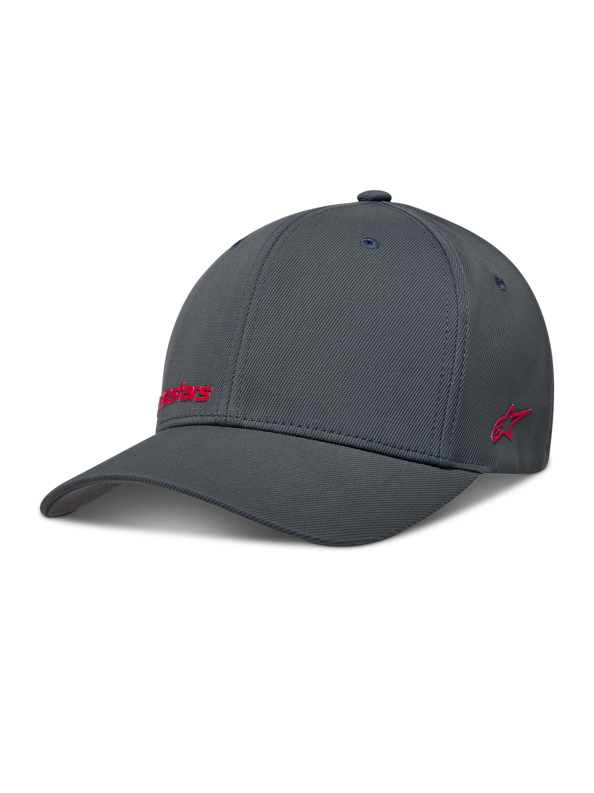 Alpinestars Points hoed, donkergrijze sportswear pet met rode HD-print logo's, flex-back pasvorm van nylon tactel.